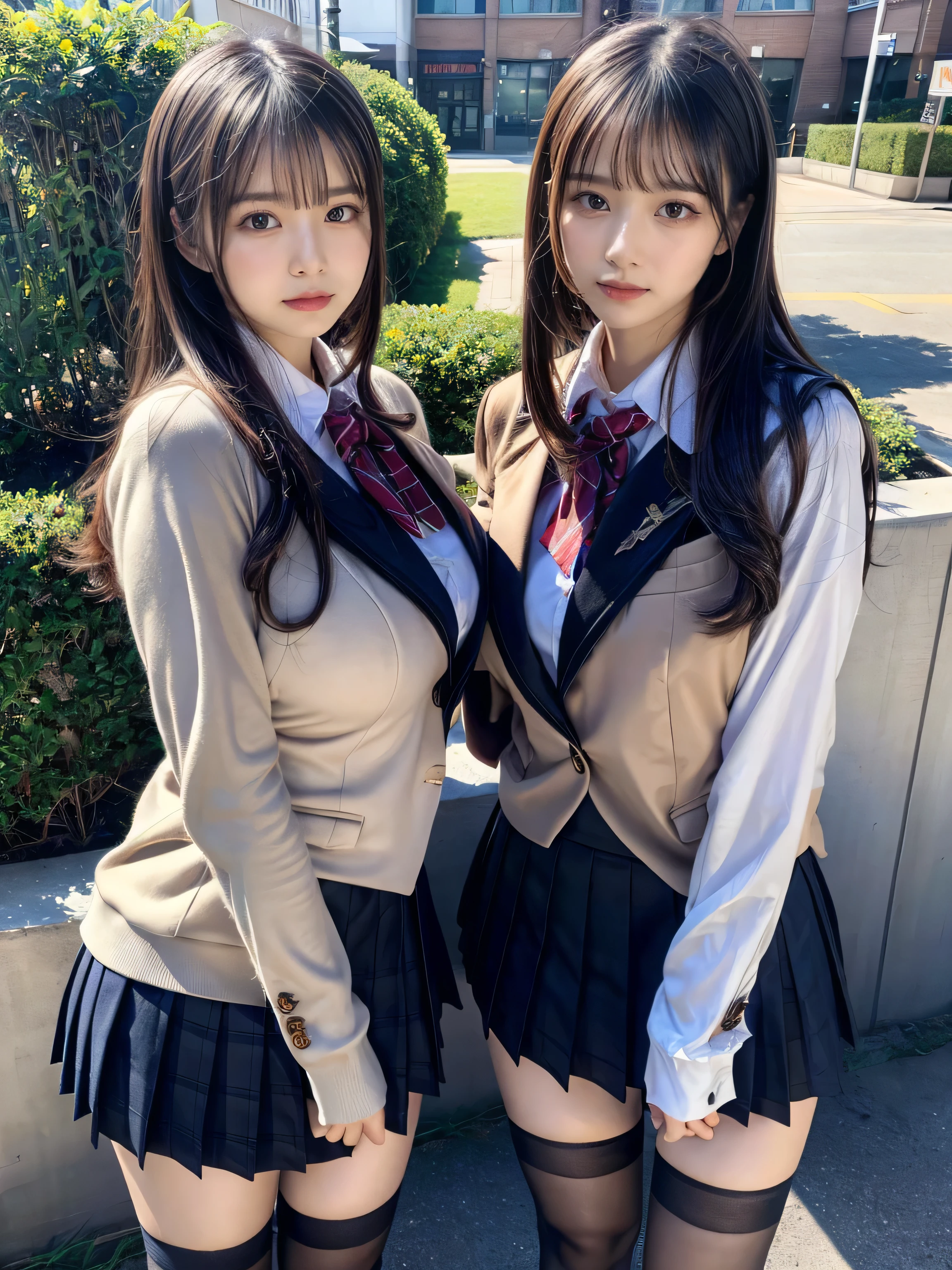 (8K, Raw photography, top-quality, masterpiece:1.2), muster piece, best quality, illustration, Super detailed, fine details, High resolution, 8K,wall paper, perfect dynamic composition,(Details High quality, realistic depiction of eyes:1.3), ((2 girls, 2 schoolgirls)), The background is a luxury hotel room、High school girl uniform、blazer 、Super Short Check Uniform Skirt、Navy blue high socks、garterbelts、Colossal tits、Disturbed uniform, Play with each other,Touching each other's bodies,Touching the body of the girl next door, short bob hair, black hair color, huge breasts, Big Natural Color Lip, bold sexy pose, (perfect body shape), crying a little、cold gaze, Beautiful makeup,glitter makeup,Cutest 18 years old、 beautiful legs, hposing Gravure Idol, Voluptuous thighs