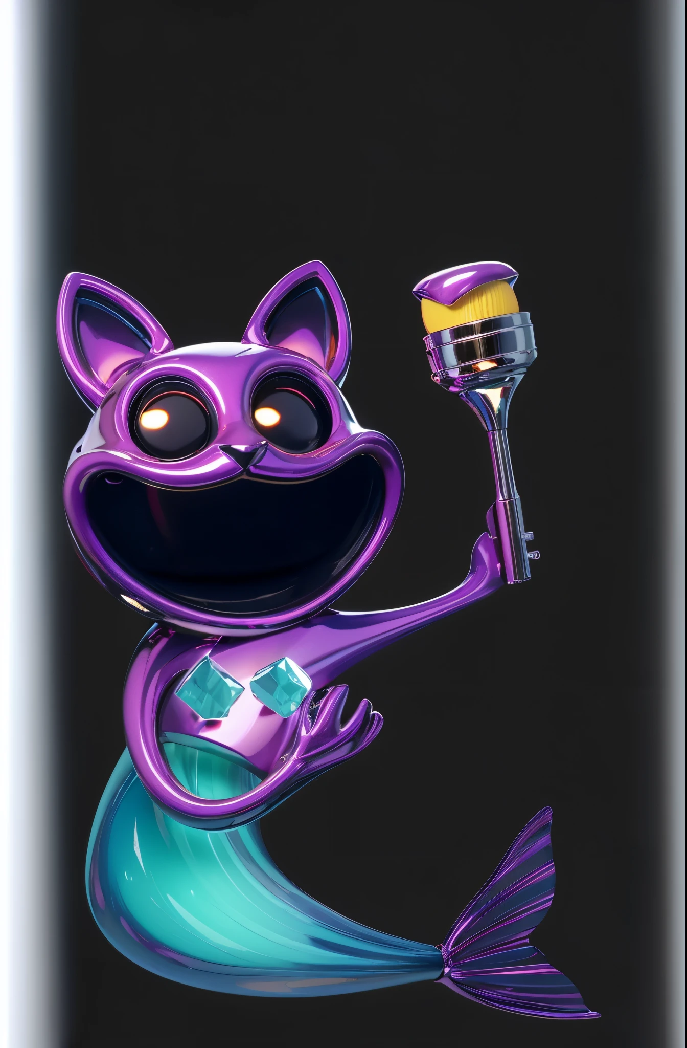 3d style, simplified design, 3d render, glossy texture, smooth 3d model, multiple light sources, rim light, sharp post effects render, (glossy plastic texture with multiple big light probe refractions), perfect cgi, smooth silhouette, high intensity refraction, (super glossy material), most beautiful vfx , blue background, plastic refractions, realistic, 4k, high resolution, rim light, photo shoot, commercial photo, profile shot, 4k, rim light, high resolution, 4k, glossy texture, smooth 3d model, multiple light sources, rim light, sharp post effects render, (glossy metallic texture with multiple big light probe refractions), perfect cgi, cgi art created only with gradients, smooth silhouette, high intensity refraction, (super glossy chrome material), most beautiful vfx, blue background, chrome metal refractions, multiple light sources, rim light, sharp post effects render, perfect cgi, digital art, detailed digital art, reflective, best quality, 4k, masterpiece:1.2, ultra-detailed, realistic, vivid colors, dark and moody lighting, The image of the highest quality, ensuring every detail is showcased perfectly. It in 4k resolution, allowing viewers to immerse themselves in the richness of the colors and intricate details. The realistic rendering. under the spotlight, reflecting, high-resolution image, realistic rendering, dark background, and rim light photorealistic The image features three characters standing in front of three houses. The characters are a red-haired mermaid, a purple cat, and an orange dog. They are each holding a yellow maraca