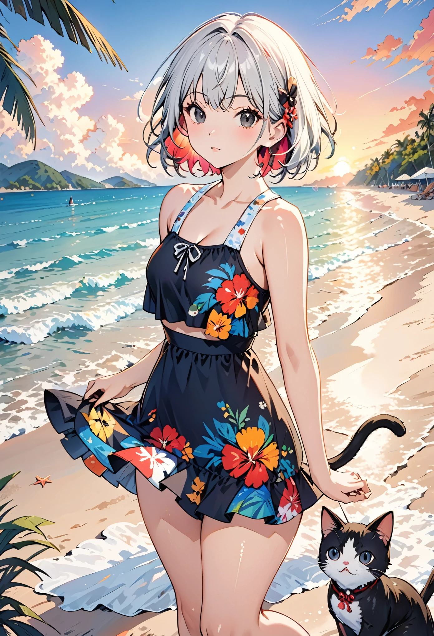 masterpiece, best quality, Extremely detailed, illustration,, Hanekawa Shorthair Cat, 1 Girl, whole body, , black eyes, Colorful hair, Black Hair, white hair,, swimsuit,, Detailed background, Marketing style, beach, Sunset,