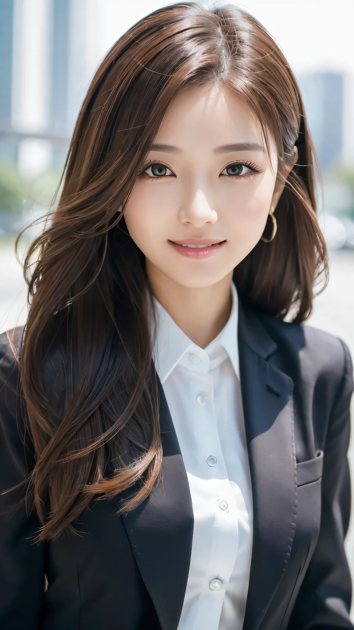 table top、highest quality、genuine、Super detailed、finely、High resolution、8k wallpaper、one beautiful woman、、、light brown disheveled hair、wearing a business suit、sharp focus、perfect dynamic composition、beautiful and detailed eyes、thin hair、Detailed genuine skin texture、smile、model body shape、In Tokyo at morning、