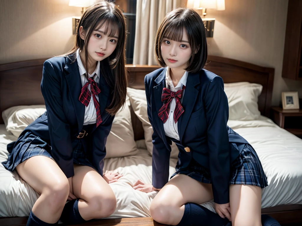 (8K, Raw photography, top-quality, masterpiece:1.2), master piece, best quality, illustration, Super detailed, fine details, High resolution, 8K,wall paper, perfect dynamic composition,(Details High quality, realistic depiction of eyes:1.3), ((2 girls, 2 schoolgirls)), The background is a luxury hotel room、High school girl uniform、blazer 、Super Short Check Uniform Skirt、Navy blue high socks、garterbelts、Colossal tits、Disturbed uniform, Play with each other,Touching each other's bodies,Touching the body of the girl next door, short bob hair, black hair color, huge breasts, Big Natural Color Lip, bold sexy pose, (perfect body shape), crying a little、cold gaze, Beautiful makeup,glitter makeup,Cutest 18 years old, beautiful legs, hposing Gravure Idol, Voluptuous thighs