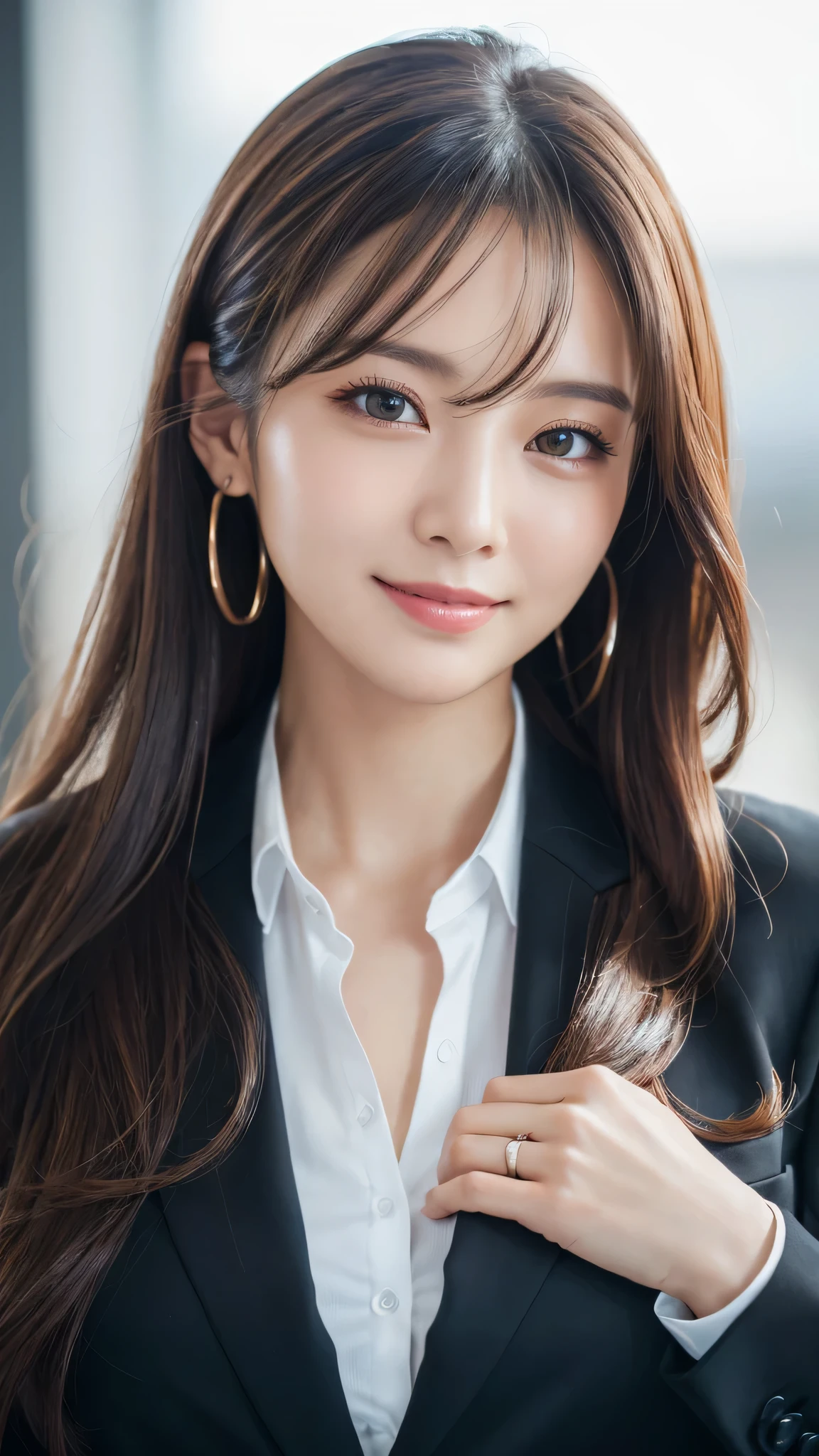 table top、highest quality、genuine、Super detailed、finely、High resolution、8k wallpaper、one beautiful woman、、、light brown disheveled hair、wearing a business suit、sharp focus、perfect dynamic composition、beautiful and detailed eyes、thin hair、Detailed genuine skin texture、smile、model body shape、In Tokyo at morning、