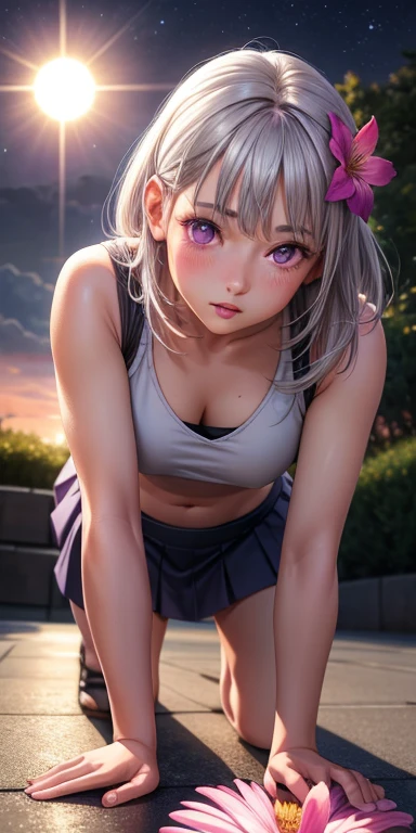 realistic, girl single, gray hair, purple eyes, glowing eyes, crop top, skirt, parted lips, blush, night, flower, sun, sunlight, all fours