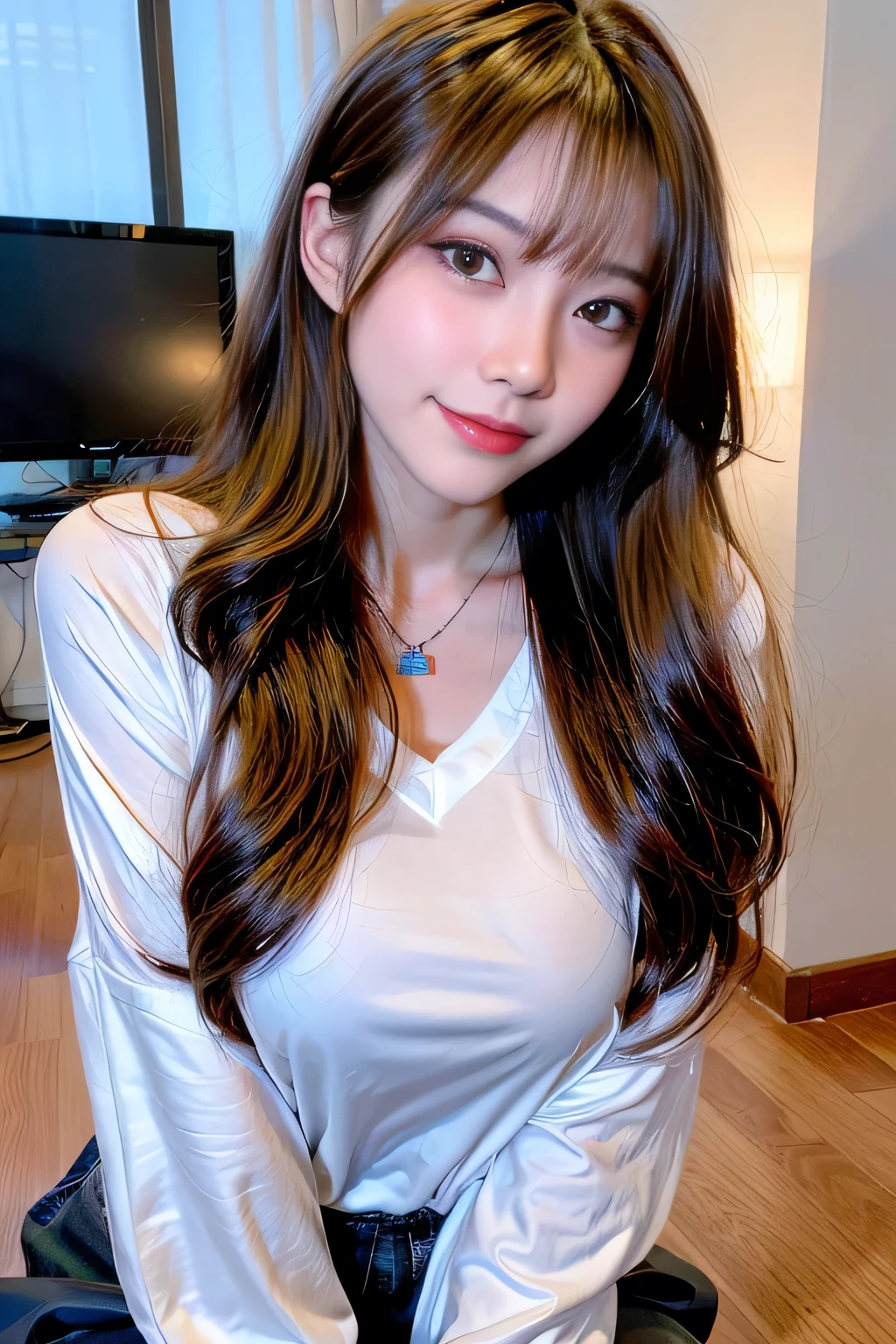 Full Body Angle、((highest quality, 8K, masterpiece: 1.3)), concentrated: 1.2, Cute girl 1,Nipples erect、 Perfect beauty: 1.4,Crisscross V-neck T-shirt, Casual summer short sleeve t-shirt: 1.2,Long sleeve、Randall Color、comics&Text Graphics、Black ruffle-trimmed drawstring zip blouse,1.1, Highly detailed face and skin textures, Fine grain, double eyelid, whitening skin, ,highest quality,Ultra-high resolution,you,1 girl,alone,_Shiny_skin,Iris,necklace,((Brown_length_Wavy_hair)),(lips)),eyelash,Front hair,deal with,compensate,Shiny,pore,skin texture,Large Breasts、smiling face、Blue Miniskirt Police、Front hair、