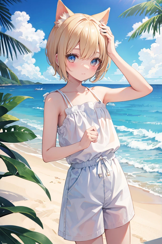 score_9,score_8_up,score_7_up,1girl, blonde hair, looking at viewer, outdoors, sky, micro bikini, grey eyes, beach, embarrassed, see-through, white shirt