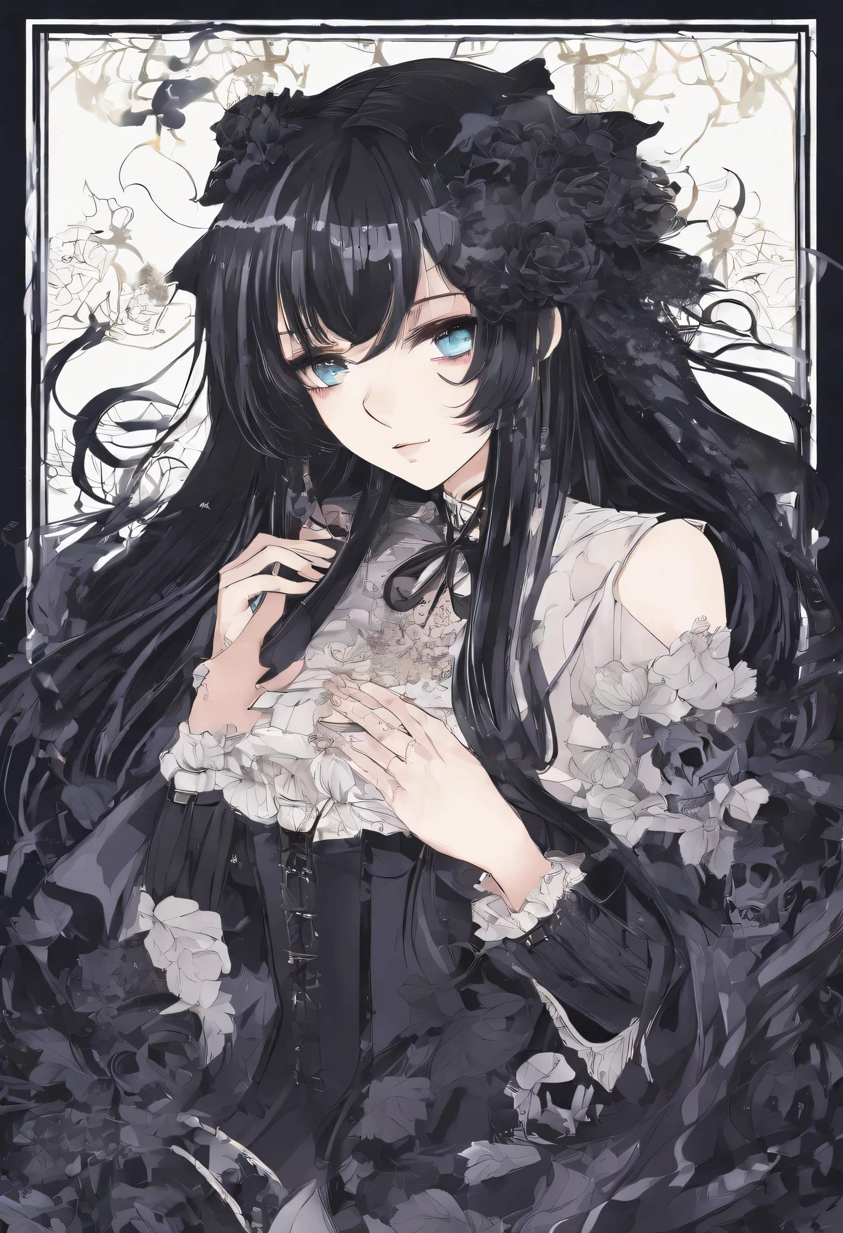 Anime girl with long black hair and blue eyes, Anime Moe Art Style, Gothic maiden anime girl, Gapmore Grim Dark, Anime girl in a black dress, Ghostly eyes and dark hair, 1 7 - Year Old Anime Goth Girl, ufotable's art style, by Hitoshi Homura, Destiny anime style/Stay Night, Long Hair Anime Girl Decadent dark Gothic Horror slender Small breasts