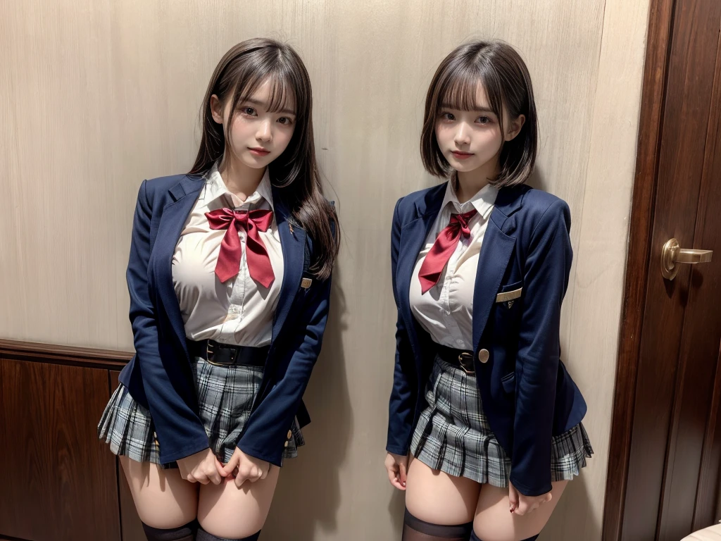 (8K, Raw photography, top-quality, ​masterpiece:1.2), master piece, best quality, illustration, Super detailed, fine details, High resolution, 8K,wall paper, perfect dynamic composition,(Details High quality, realistic depiction of eyes:1.3), ((2 girls, 2 schoolgirls)), The background is a luxury hotel room、High school girl uniform、blazer 、Super Short Check Uniform Skirt、Navy blue high socks、garterbelts、Colossal tits、Disturbed uniform, Play with each other,Touching each other's bodies,Touching the body of the girl next door, short bob hair, black hair color, huge breasts, Big Natural Color Lip, bold sexy pose, (perfect body shape), crying a little、cold gaze,  Beautiful makeup,glitter makeup,Cutest 18 years old, beautiful legs, hposing Gravure Idol, Voluptuous thighs