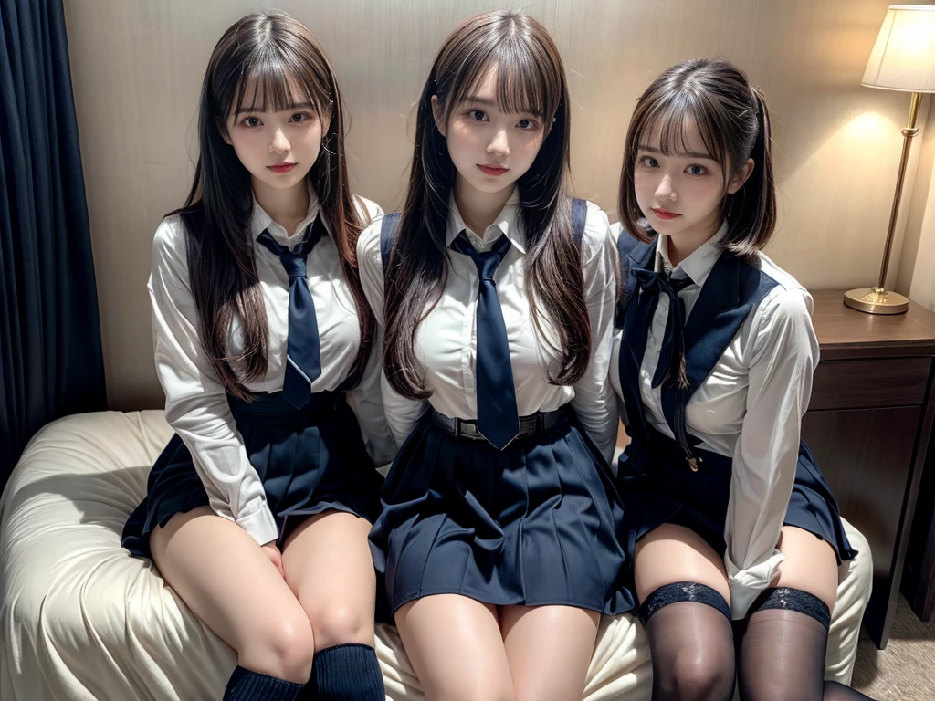 (8K, Raw photography, top-quality, ​masterpiece:1.2), master piece, best quality, illustration, Super detailed, fine details, High resolution, 8K,wall paper, perfect dynamic composition,(Details High quality, realistic depiction of eyes:1.3), ((2 girls, 2 schoolgirls)), The background is a luxury hotel room、High school girl uniform、blazer 、Super Short Check Uniform Skirt、Navy blue high socks、garterbelts、Colossal tits、Disturbed uniform, Play with each other,Touching each other's bodies,Touching the body of the girl next door, short bob hair, black hair color, huge breasts, Big Natural Color Lip, bold sexy pose, (perfect body shape), crying a little、cold gaze,  Beautiful makeup,glitter makeup,Cutest 18 years old, beautiful legs, hposing Gravure Idol, Voluptuous thighs