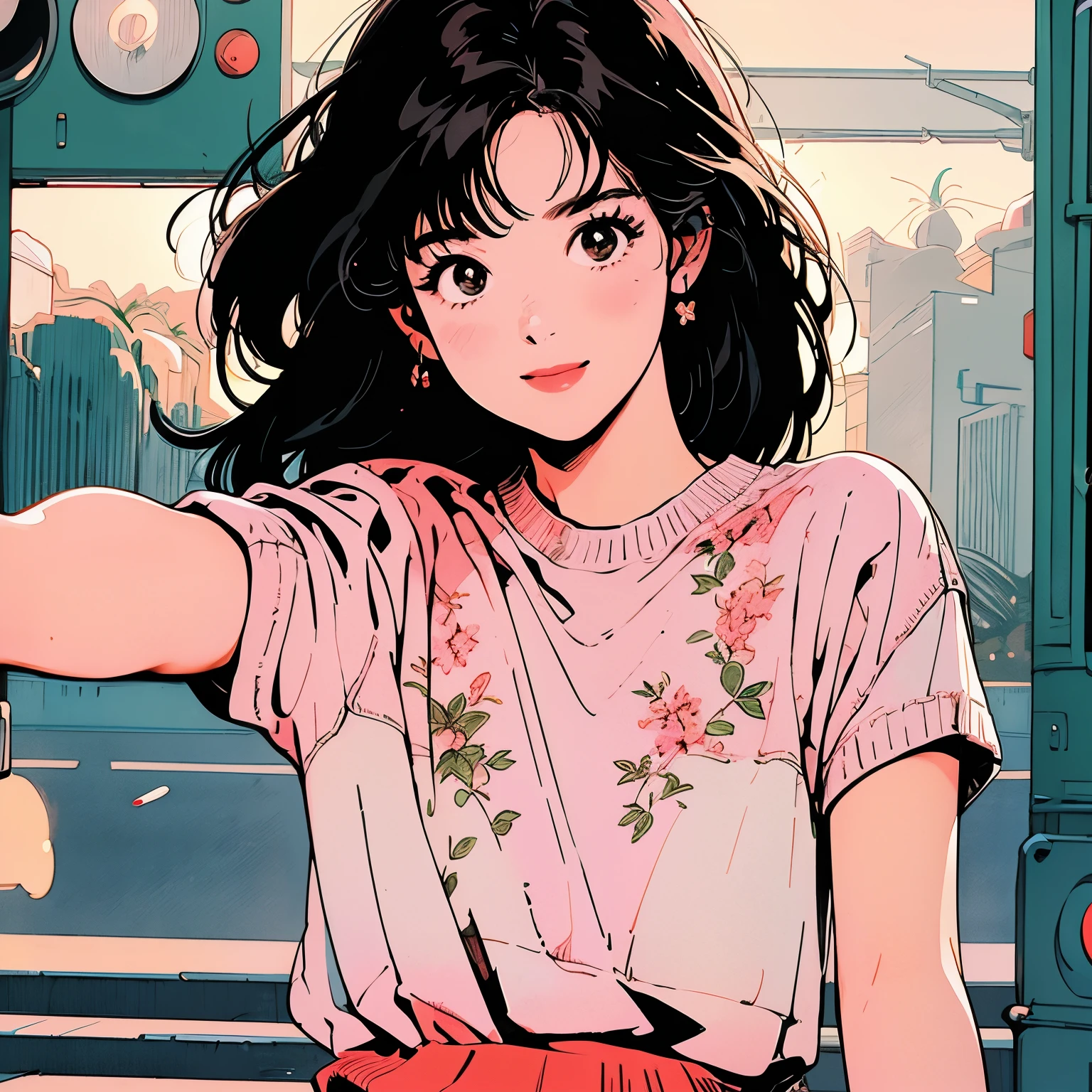 whole body、Upper Body、1 pretty woman、4k、White short-sleeved sweater、pedestrian crossing、Signal 、intersection、Complex background、Detailed Hair、smile、Floral、Reaching out