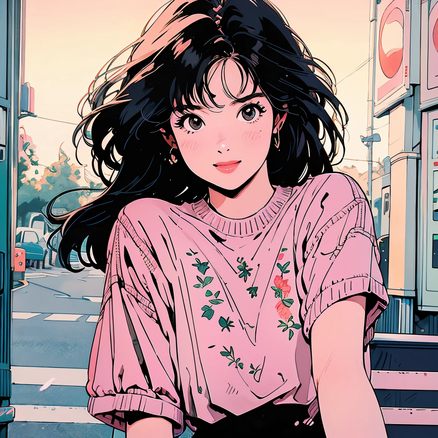 whole body、Upper Body、1 pretty woman、4k、White short-sleeved sweater、pedestrian crossing、Signal 、intersection、Complex background、Detailed Hair、smile、Floral、Reaching out