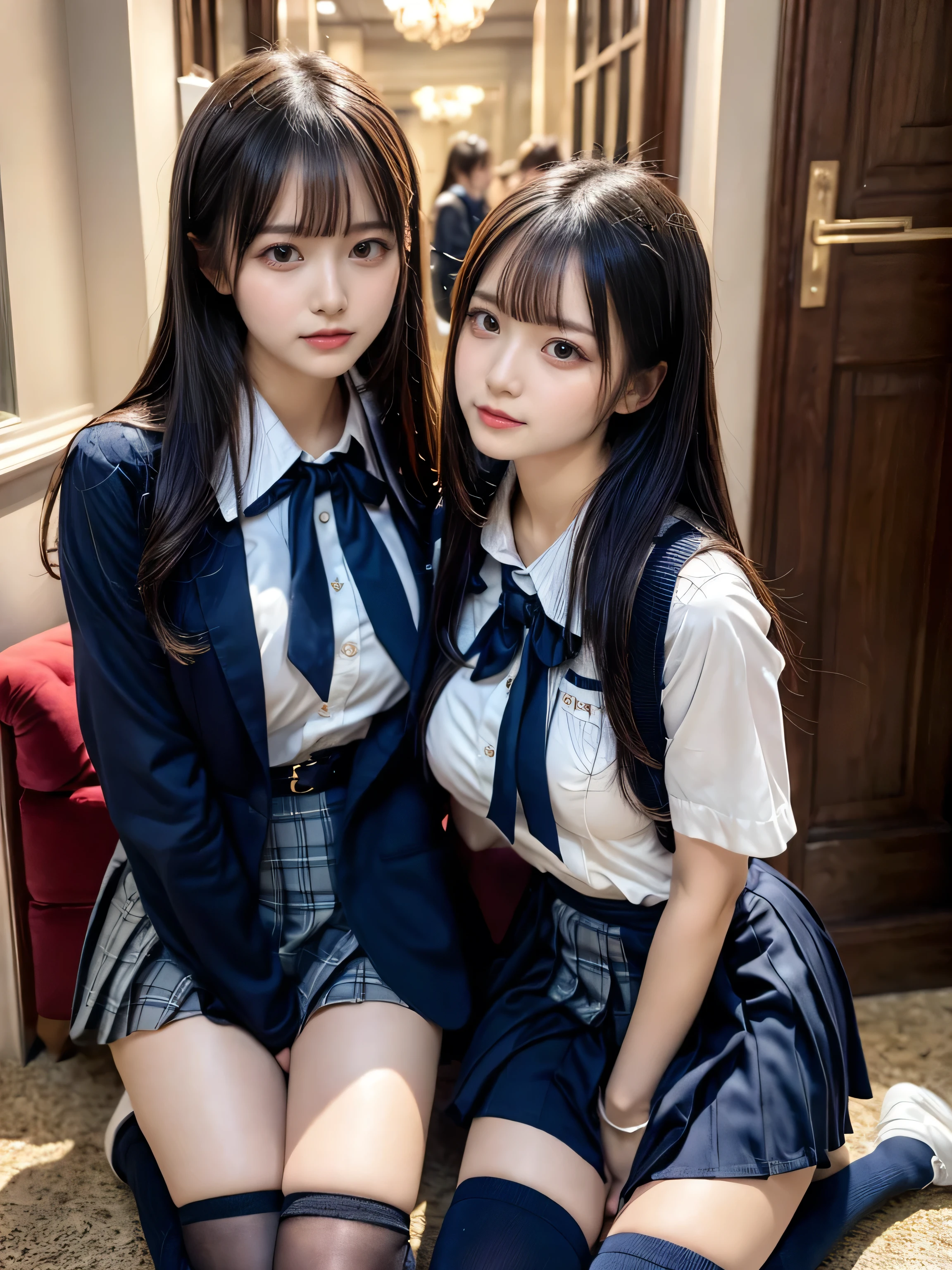 (8K, Raw photography, top-quality, ​masterpiece:1.2), muster piece, best quality, illustration, Super detailed, fine details, High resolution, 8K,wall paper, perfect dynamic composition,(Details High quality, realistic depiction of eyes:1.3), ((2 girls, 2 schoolgirls)), The background is a luxury hotel room、High school girl uniform、blazer 、Super Short Check Uniform Skirt、Navy blue high socks、garterbelts、Colossal tits、Disturbed uniform, Play with each other,Touching each other's bodies,Touching the body of the girl next door, short bob hair, black hair color, huge breasts, Big Natural Color Lip, bold sexy pose, (perfect body shape), crying a little、cold gaze, Beautiful makeup,glitter makeup,Cutest 18 years old、 beautiful legs, hposing Gravure Idol, Voluptuous thighs