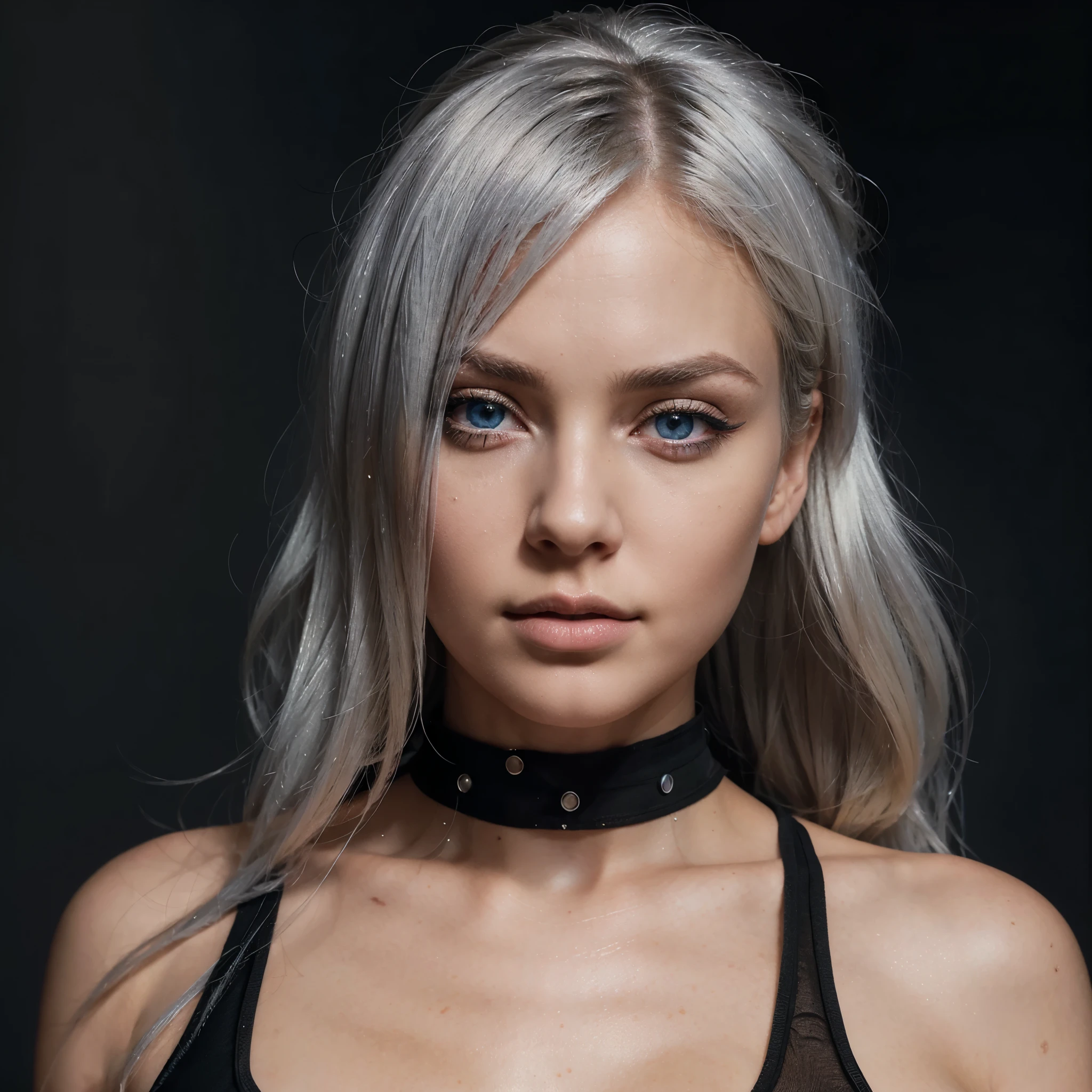 a 25 year old girl, medium to large breasts, wide hips, platinum hair, blue eyes, wearing a black top, headshot, beautiful detailed eyes, beautiful detailed lips, extremely detailed eyes and face, long eyelashes, highres, 8k, best quality, masterpiece, realistic, photorealistic, vivid colors, studio lighting, sharp focus, physically-based rendering, professional