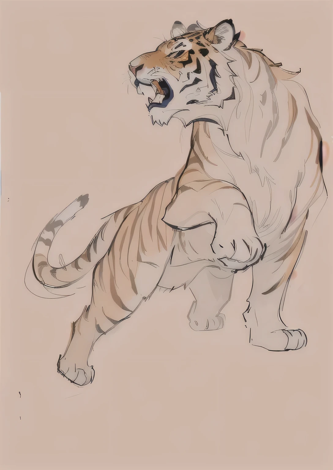 there is a drawing of a tiger and a tiger cub, 2 d full body lion, ((tiger)), lion body, detailed full body concept, colored sketch, soft outlines, anthropomorphic tiger, intimidating pose, tiger_beast, detailed but rough, and what rough beast, sketchy artstyle, doing a hot majestic pose, fullbody commission for