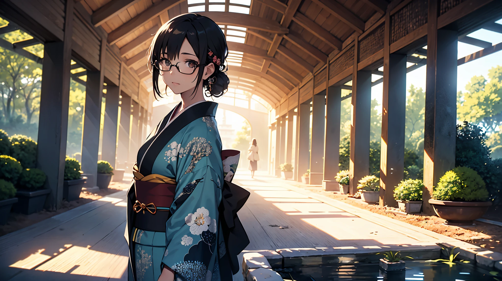 (1girl:1.3), Masterpiece, Best quality, amazing beauty, [[3D]], 4K, absurdres, finely detail, super detailed eye, perfect anatomy, official art, cinematic lighting, wearing black glasses, A beautiful and serene Japanese Zen rock garden under the clear blue sky, in the style of Makoto Shinkai. The garden features meticulously raked sand creating rippling patterns around carefully placed rocks. Gentle sunlight casts soft shadows, highlighting the textures of the rocks and the fine details of the sand. Lush green moss and small plants add a touch of life and color. In the center of the garden, a beautiful woman wearing a traditional Japanese kimono stands gracefully. Her kimono is adorned with intricate patterns and vibrant colors, contrasting beautifully with the tranquil surroundings. The scene exudes a sense of peace and tranquility, with a dreamy and ethereal quality typical of Makoto Shinkai's art