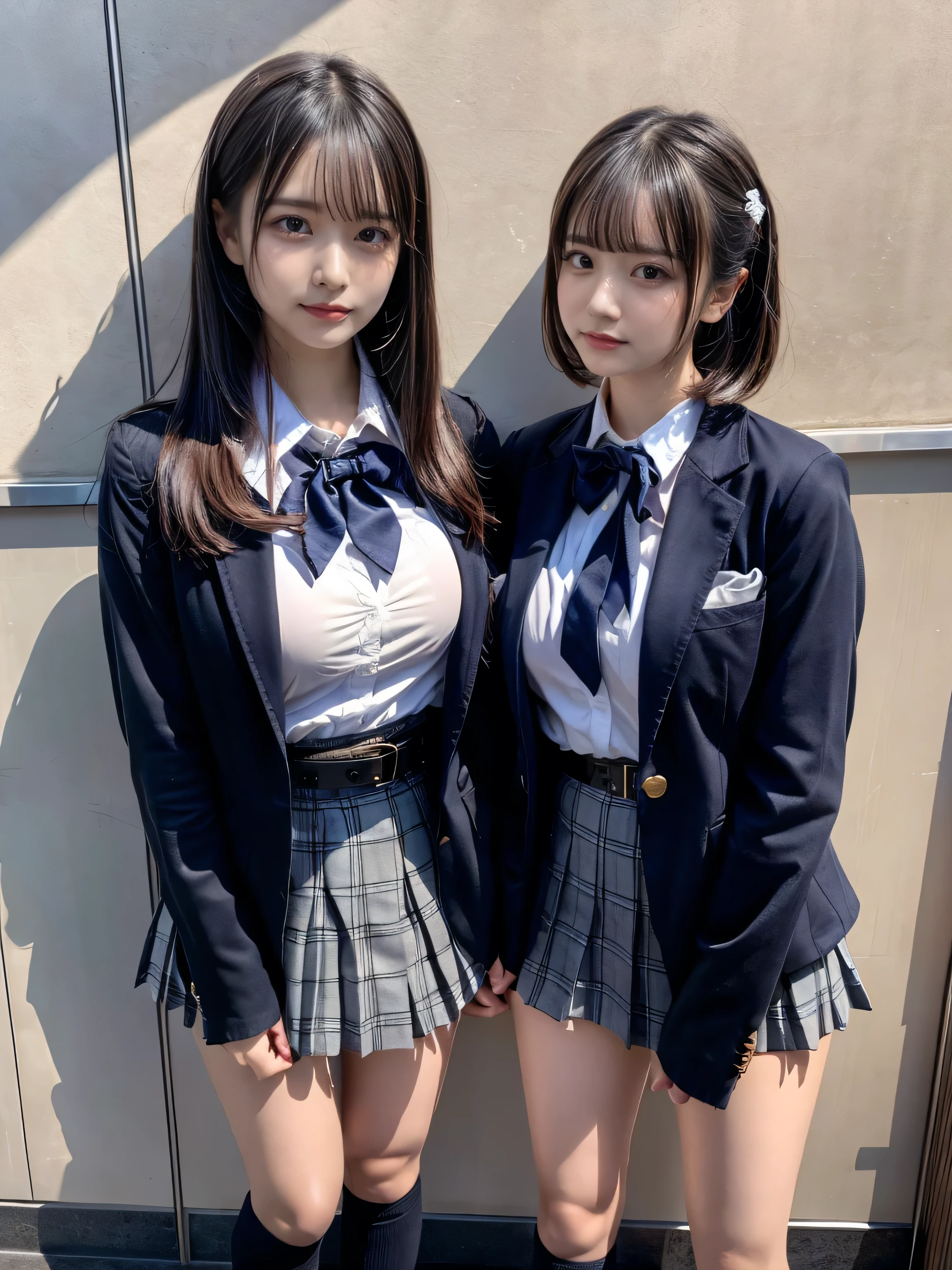 (8K, Raw photography, top-quality, masterpiece:1.2), muster piece, best quality, illustration, Super detailed, fine details, High resolution, 8K,wall paper, perfect dynamic composition,(Details High quality, realistic depiction of eyes:1.3), ((2 girls, 2 schoolgirls)), The background is a luxury hotel room、High school girl uniform、blazer 、Super Short Check Uniform Skirt、Navy blue high socks、garterbelts、Colossal tits、Disturbed uniform, Play with each other,Touching each other's bodies,Touching the body of the girl next door, short bob hair, black hair color, huge breasts, Big Natural Color Lip, bold sexy pose, (perfect body shape), crying a little、cold gaze, Beautiful makeup,glitter makeup,Cutest 18 years old、 beautiful legs, hposing Gravure Idol, Voluptuous thighs