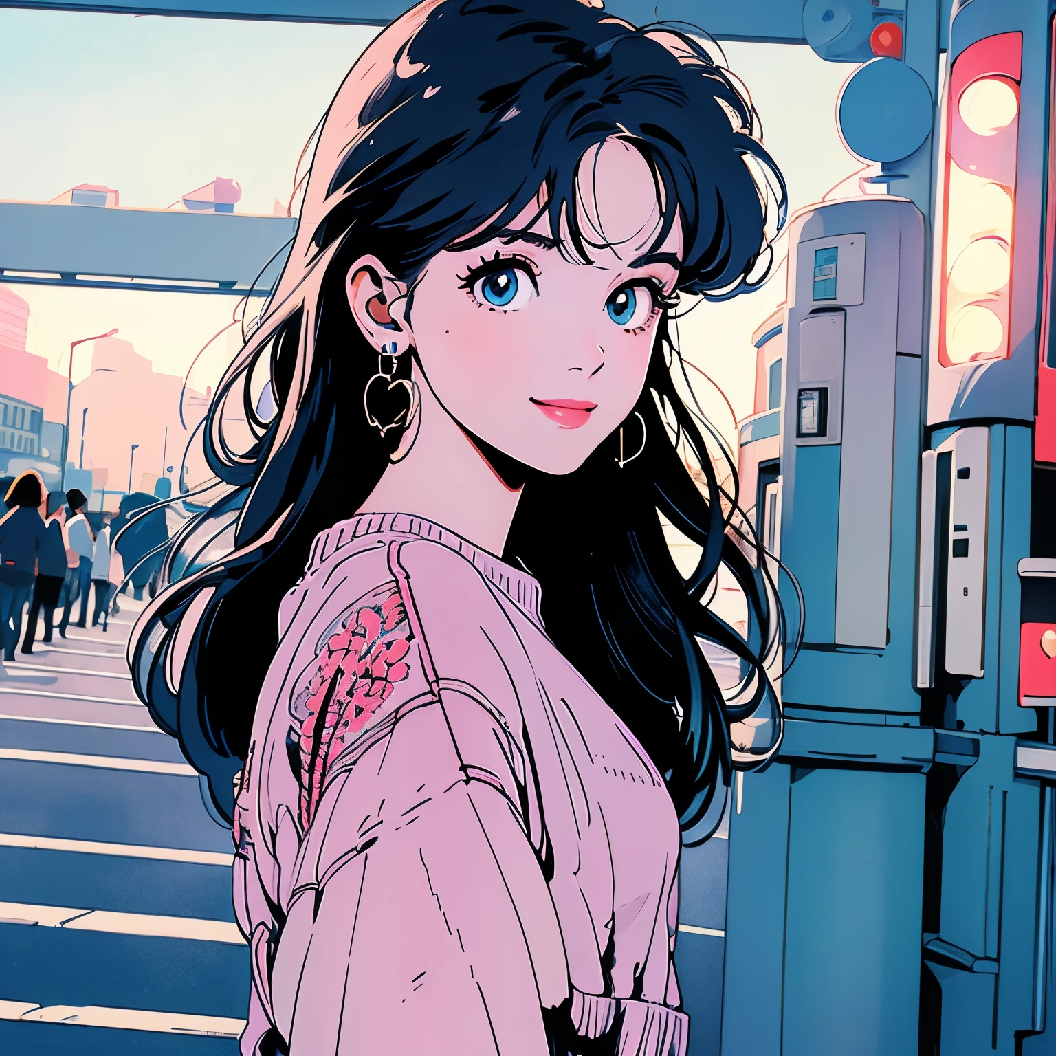 whole body、Upper Body、1 pretty woman、4k、White short-sleeved sweater、pedestrian crossing、Signal 、intersection、Complex background、Detailed Hair、smile、Blue Eyes
