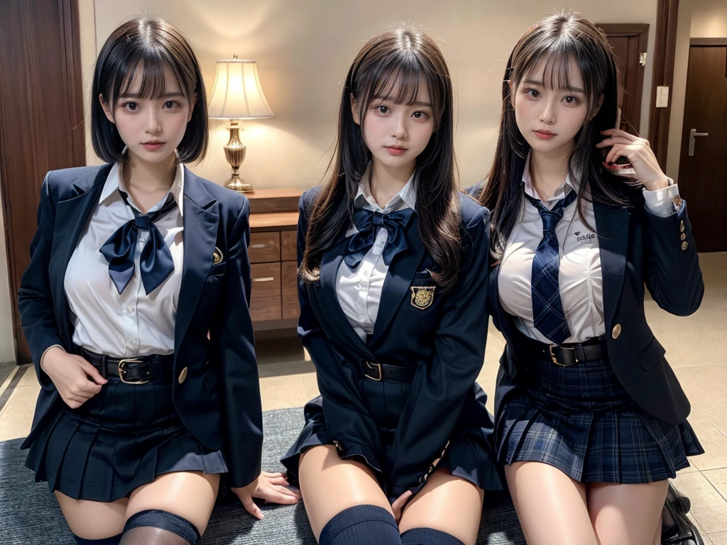 (8K, Raw photography, top-quality, masterpiece:1.2), master piece, best quality, illustration, Super detailed, fine details, High resolution, 8K,wall paper, perfect dynamic composition,(Details High quality, realistic depiction of eyes:1.3), ((2 girls, 2 schoolgirls)), The background is a luxury hotel room、High school girl uniform、blazer 、Super Short Check Uniform Skirt、Navy blue high socks、garterbelts、Colossal tits、Disturbed uniform, Play with each other,Touching each other's bodies,Touching the body of the girl next door, short bob hair, black hair color, huge breasts, Big Natural Color Lip, bold sexy pose, (perfect body shape), crying a little、cold gaze, Beautiful makeup,glitter makeup,Cutest 18 years old, beautiful legs, hposing Gravure Idol, Voluptuous thighs