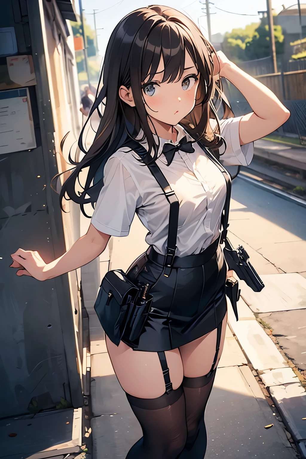 
Brown Hair、Staring at the audience　　　Black suspenders　　　bulging big breasts　　 　 　　　wall: 　Black mini skirt　garter　　　　　　sight　　　Small face　Bans 　　　holster　　　Beautiful woman　　Show your hand　　レッグholster ベッドに横たわる　　sight 　Black boots panty shot　Taunt　side　side汗　I 　arm