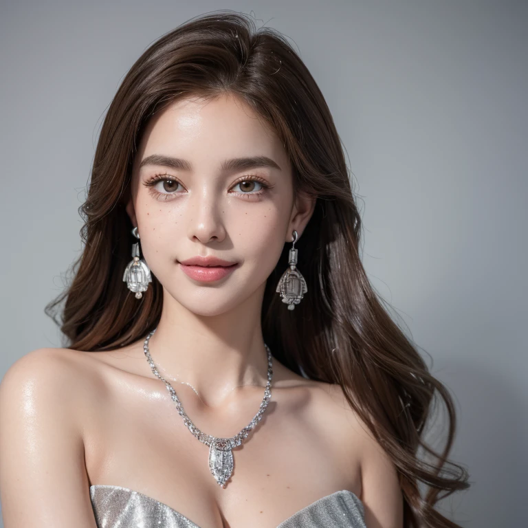 Ultra-high resolution, Better Quality, photo shoot, 4K, (Realistic:1.4) Freckle portrait photography , Big breasts super long brown hair, brown eyes,Wearing Extra short dressing gown,Feminine and seductive,shy smile,((Silver Necklace_Large earrings:1.2)),Place your left hand gently on your chin,right hand holding