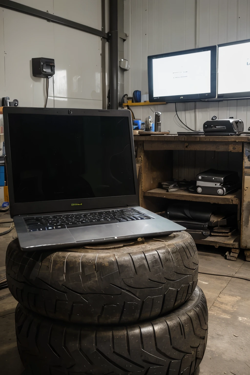 laptop sitting on top of tyre, inside professional and exclusive workshop, no humans, laptop screen visible to viewer, HD, best quality, best for advert,