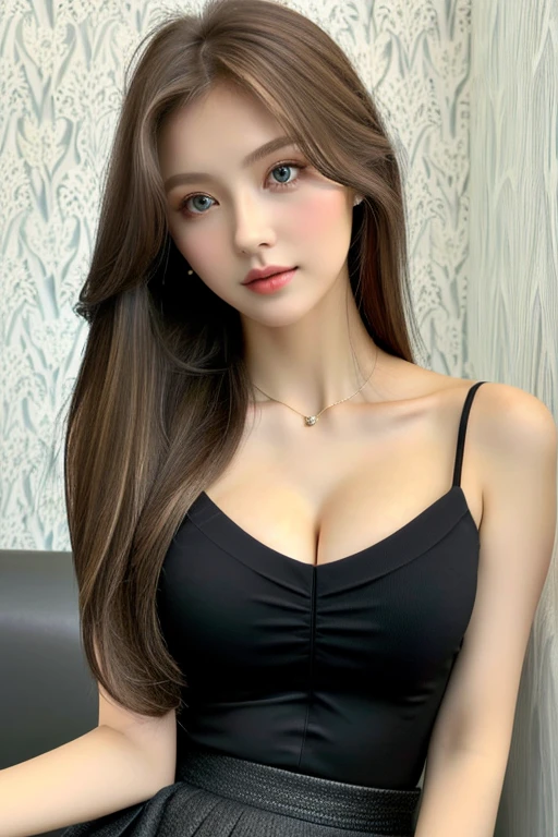 ((highest quality)), ((masterpiece)), (detailed), whole body、wallpaper、Attention to detail、Perfect proportions、Narrow waist、Light brown hair、Beautiful Skin、Beautiful white skin、Russian Beauty、(masterpiece:1.3), Best image quality: 1.4, (Rough long hairstyle:1.2)、A soft-looking bust、Cleavage:1.4、Wearing a black tank top、Wearing a black skirt