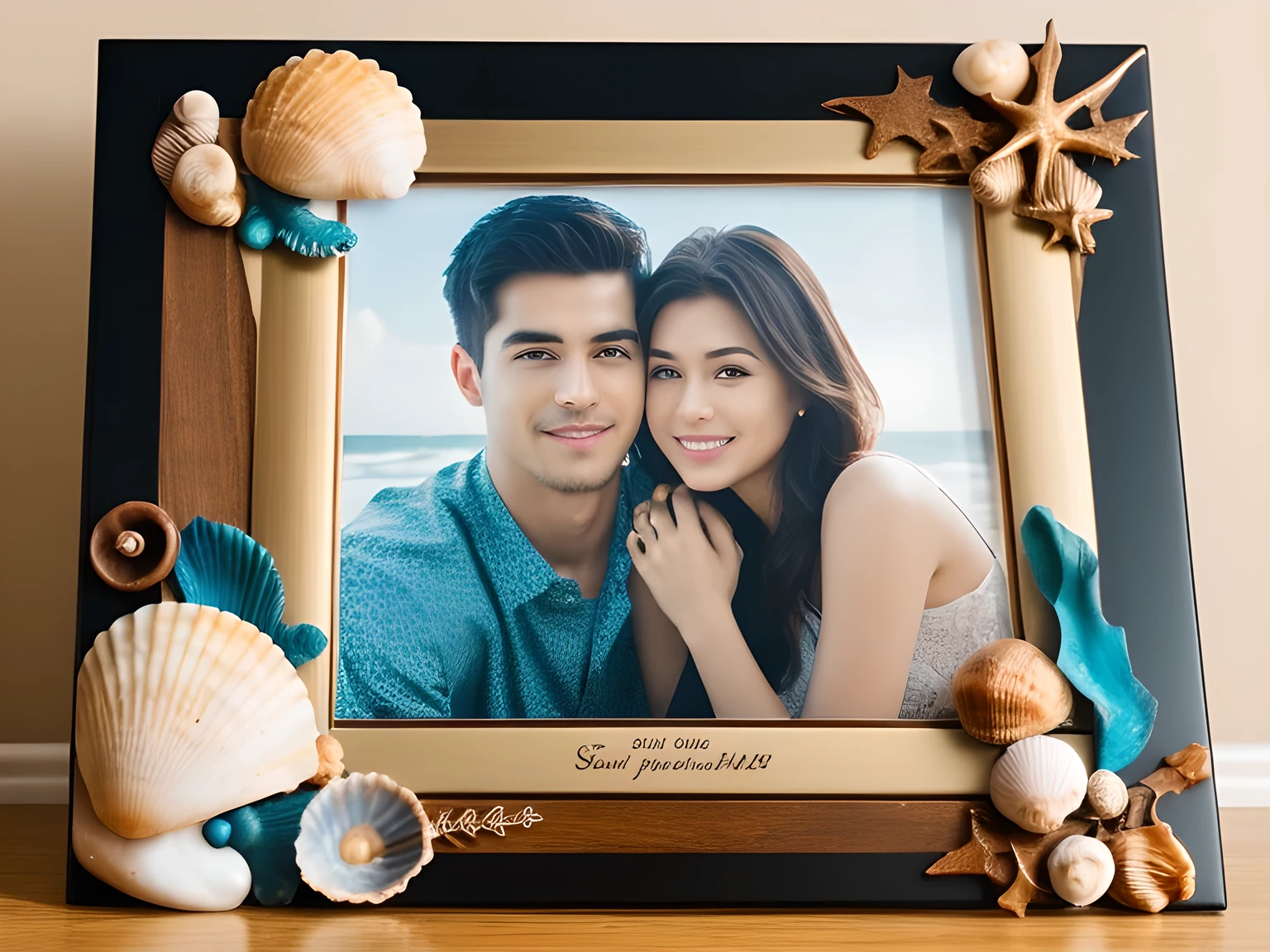 best quality, high resolution, ultra-detailed, extremely detailed, top quality, Couple Photo, photo frame decorated with seashells,