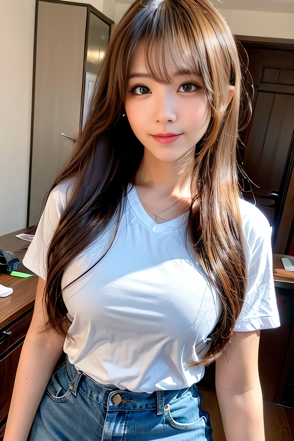 Full Body Angle、((highest quality, 8K, masterpiece: 1.3)), concentrated: 1.2, Cute girl 1,Nipples erect、 Perfect beauty: 1.4,Crisscross V-neck T-shirt, Casual summer short sleeve t-shirt: 1.2,Long sleeve、Randall Color、comics&Text Graphics、Black ruffle-trimmed drawstring zip blouse,1.1, Highly detailed face and skin textures, Fine grain, double eyelid, whitening skin, ,highest quality,Ultra-high resolution,you,1 girl,alone,_Shiny_skin,Iris,necklace,((Brown_length_Wavy_hair)),(lips)),eyelash,Front hair,deal with,compensate,Shiny,pore,skin texture,Large Breasts、smiling face、Blue Miniskirt Police、Front hair、