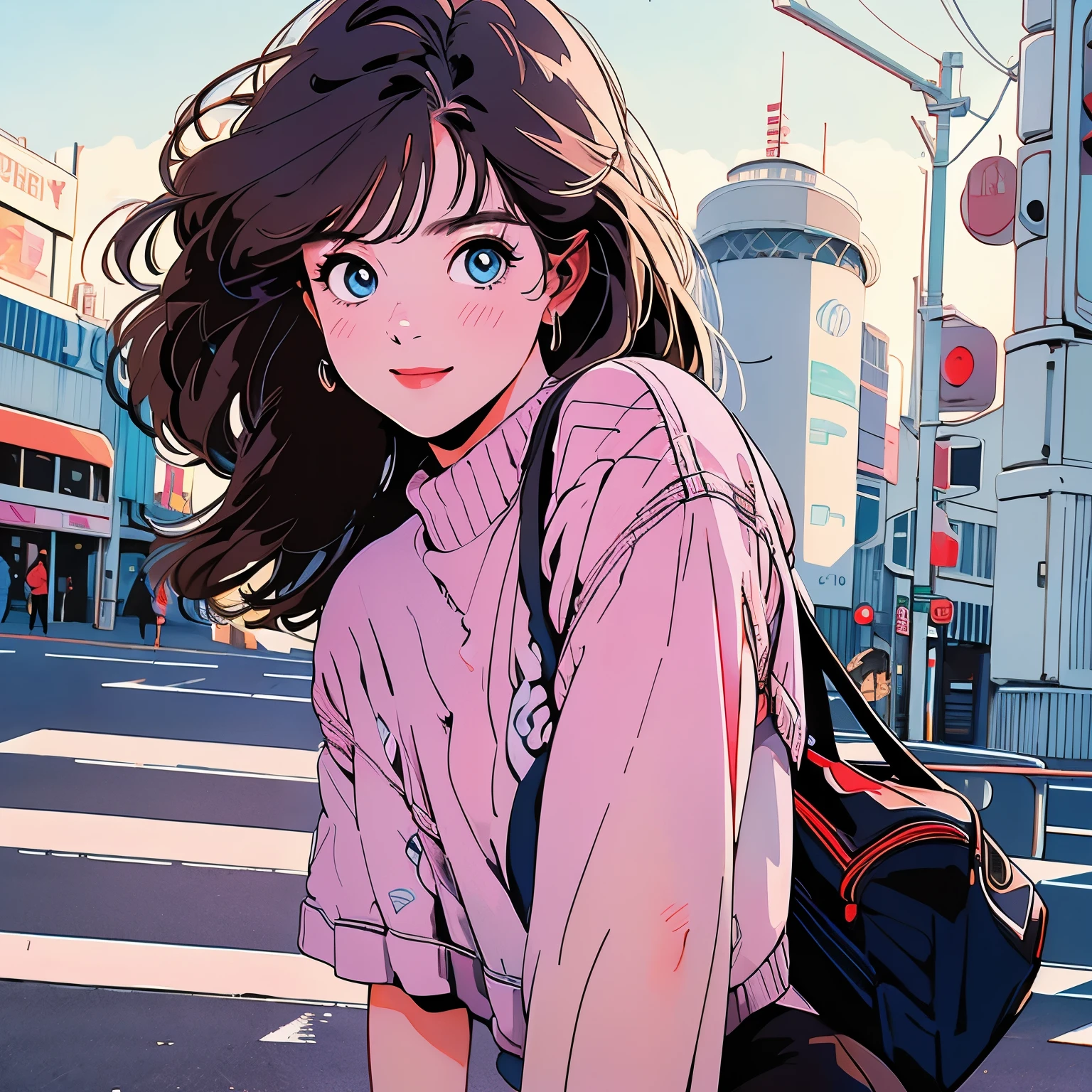 whole body、Upper Body、1 pretty woman、4k、White short-sleeved sweater、pedestrian crossing、Signal 、intersection、Complex background、Detailed Hair、smile、Blue Eyes、Light brown hair
