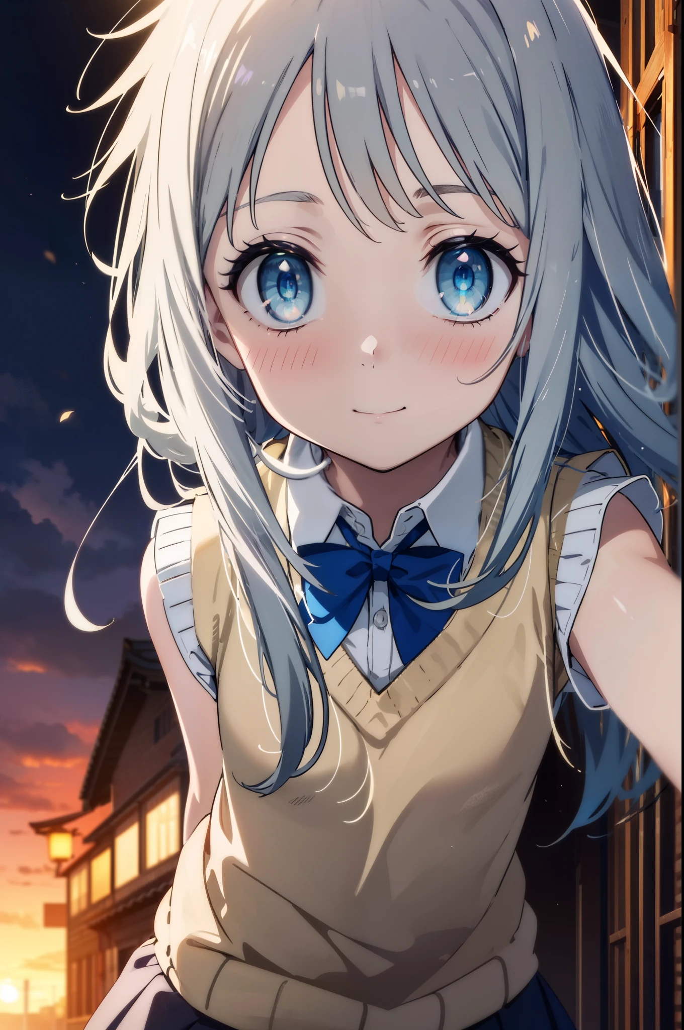 meikohonma, meiko honma, Long Hair, blue eyes, Grey Hair, smile,,White shirt,Short sleeve,Sweater vest, (紫色 Sweater vest:1.5), ,Black pleated skirt,White pantyhose,Brown Loafers,歩いているwhole bodyがイラストに入るように,Sunset,evening,The sun is setting,Looking down from above,
break outdoors, In town,Building district,
break looking at viewer, whole body,
break (masterpiece:1.2), highest quality, High resolution, unity 8k wallpaper, (shape:0.8), (Beautiful and beautiful eyes:1.6), Highly detailed face, Perfect lighting, Extremely detailed CG, (Perfect hands, Perfect Anatomy),