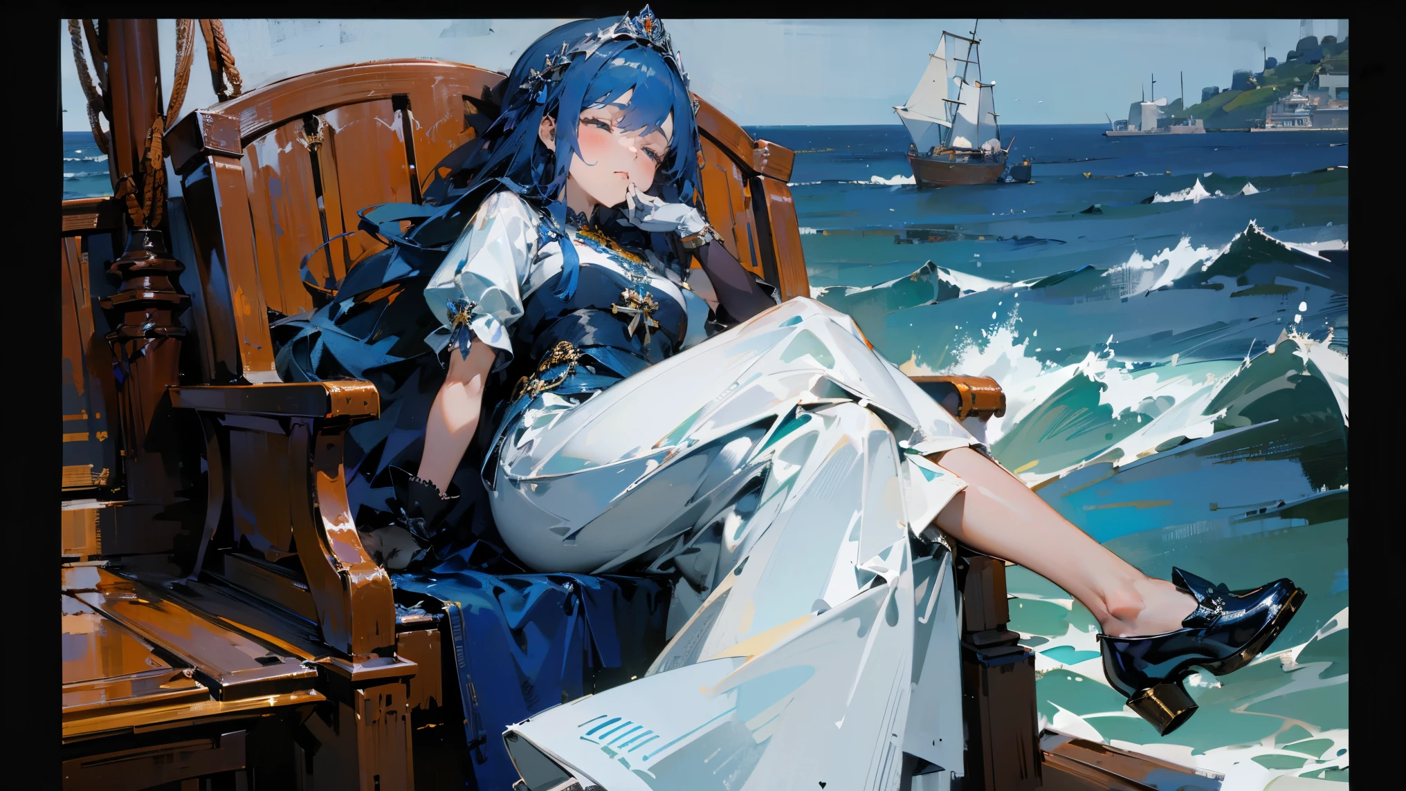 ((best quality)), Jewelry Packaging)),((1 Obese girl)),Ocean,Boat,Cross your legs,Dark blue hair,Sleeping on the throne,Platform shoes,((Gloves)),(Nikolai Fehin),( Fisher, ),The background is Ocean,Ocean