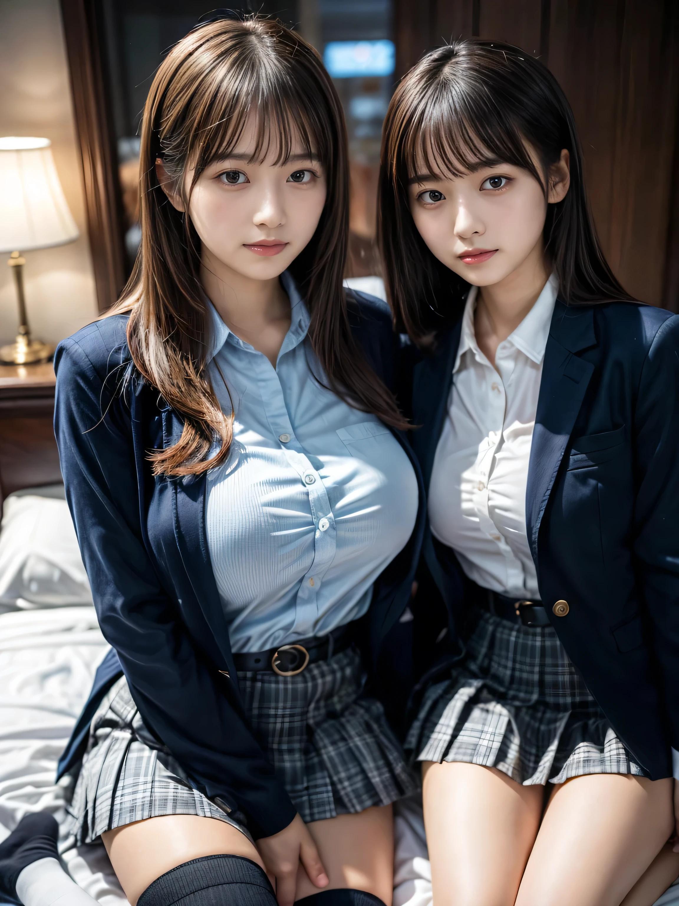 (8K, Raw photography, top-quality, ​masterpiece:1.2), muster piece, best quality, illustration, Super detailed, fine details, High resolution, 8K,wall paper, perfect dynamic composition,(Details High quality, realistic depiction of eyes:1.3), ((2 girls, 2 schoolgirls)), The background is a luxury hotel room、High school girl uniform、blazer 、Super Short Check Uniform Skirt、Navy blue high socks、garterbelts、Colossal tits、Disturbed uniform, Play with each other,Touching each other's bodies,Touching the body of the girl next door, short bob hair, black hair color, huge breasts, Big Natural Color Lip, bold sexy pose, (perfect body shape), crying a little、cold gaze, Beautiful makeup,glitter makeup,Cutest 18 years old、 beautiful legs, hposing Gravure Idol, Voluptuous thighs