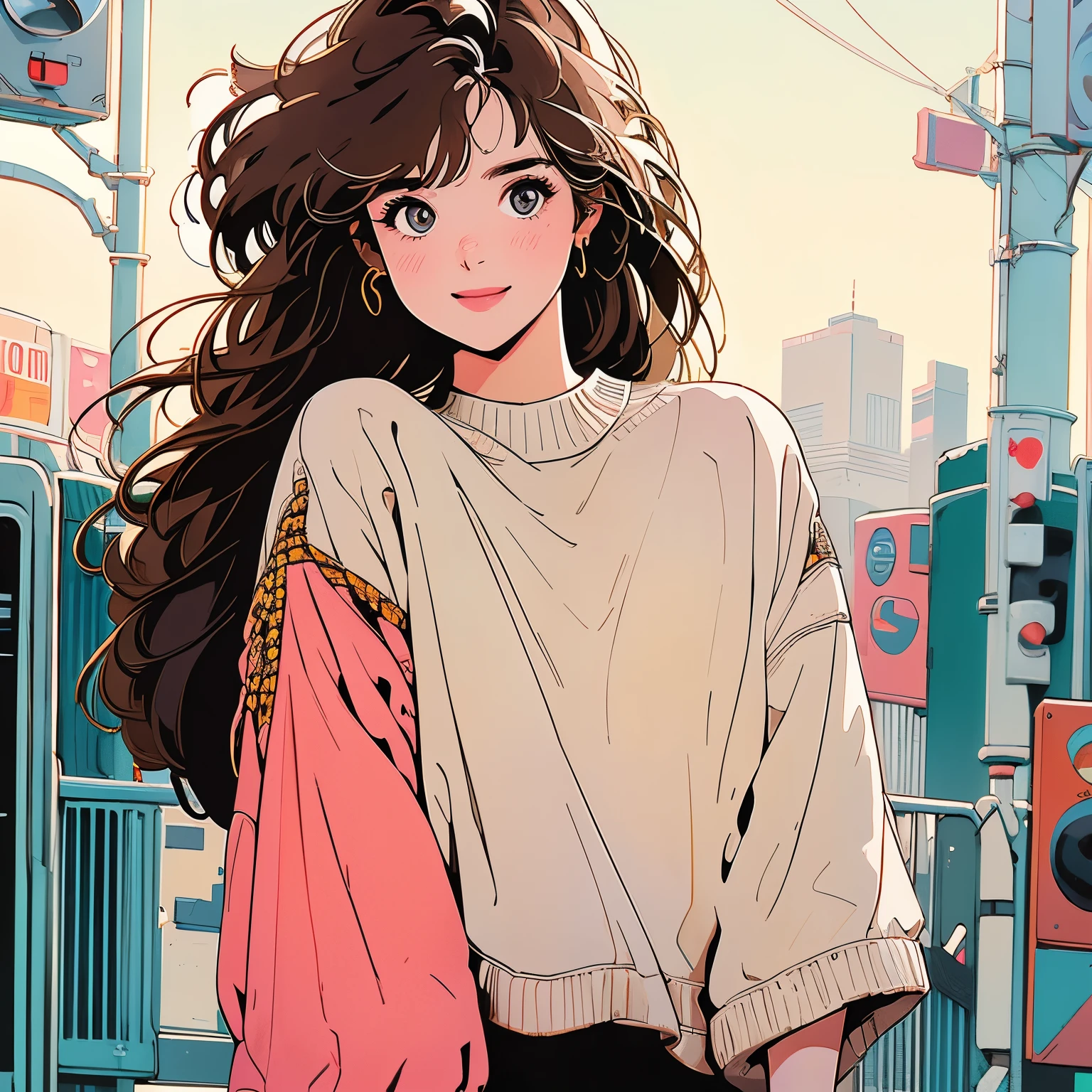 whole body、Upper Body、1 pretty woman、4k、White short-sleeved sweater、pedestrian crossing、Signal 、intersection、Complex background、Detailed Hair、smile、Yellow Eyes、Light brown hair
