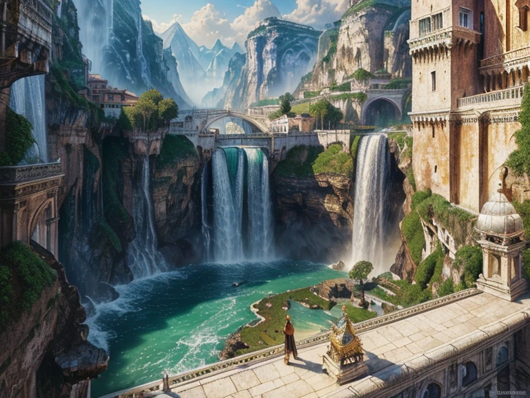 ((highest quality)),(ultra high resolution),(Super detailed),(detailed description),((best CG)),(best work of art),super precision art,amazing drawing art,(Fantasy art with precise details:1.5), empire city similar to venice, long entry bridge over massive waterfall into lower city