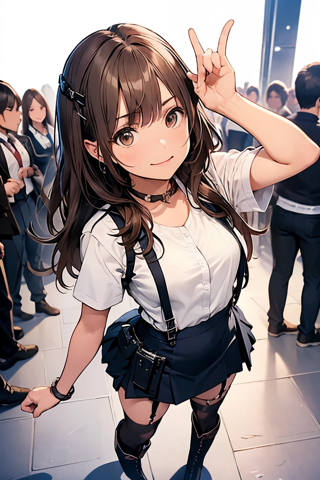 Brown Hair、Staring at the audience Black suspenders bulging big breasts wall: Black mini skirt garter sight Small face Bans holster Beautiful woman Show your hand レッグholster ベッドに横たわる sight Black boots panty shot Taunt side side汗 I arm