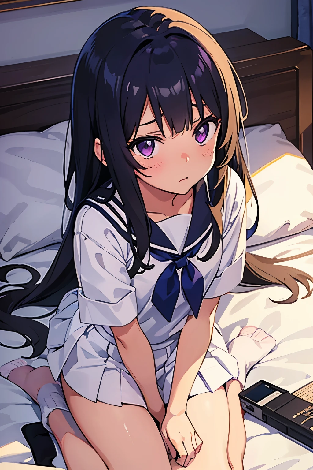 , 8 years old, flat chest,ir, long hair, purple eyes, embarrassed expression (one person) White sailor suit on the upper body, navy blue miniskirt on the lower body, white panties((I can see her panties)) White socks Love hotel room Lying on the bed Dynamic angle