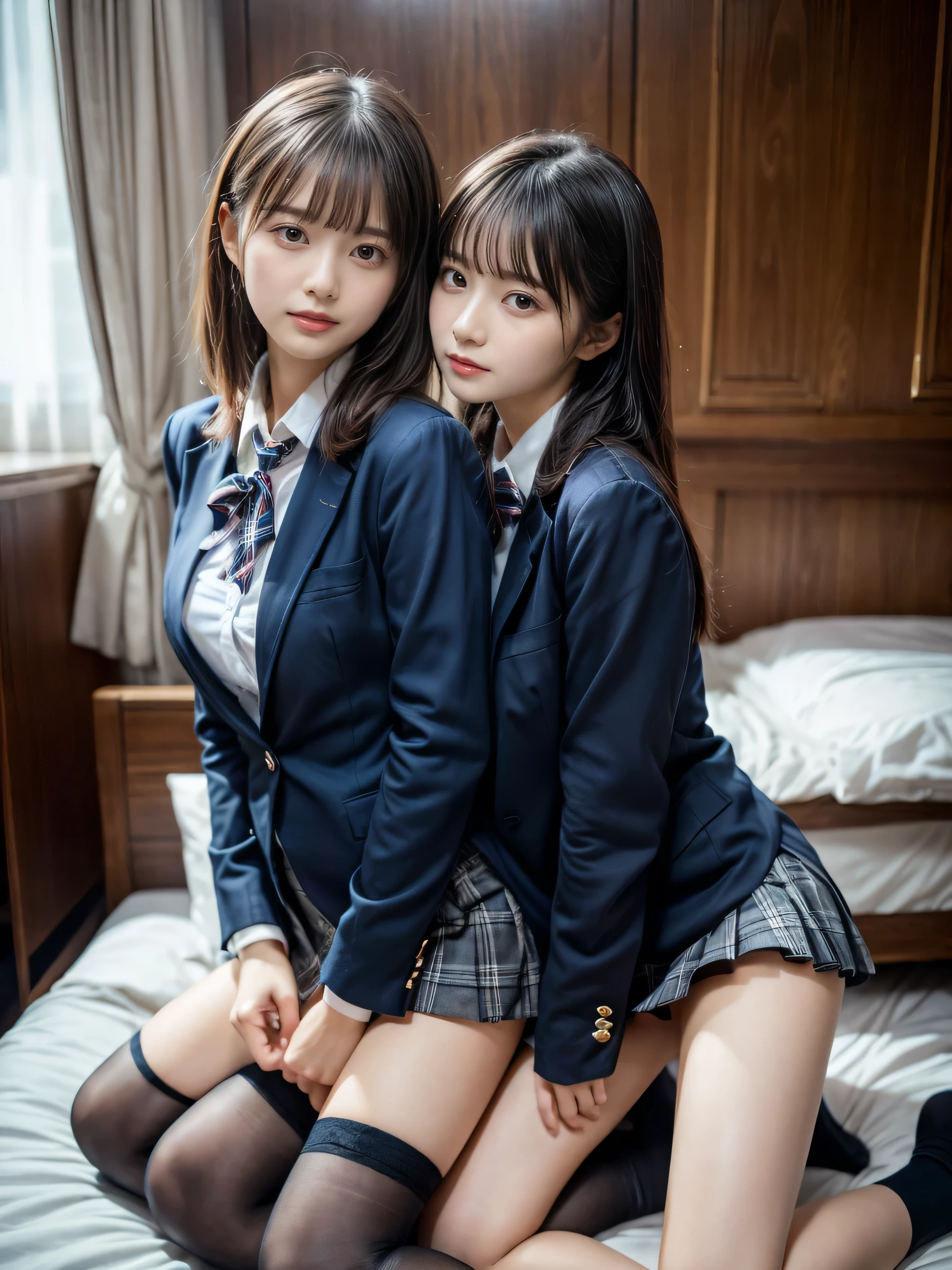 (8K, Raw photography, top-quality, masterpiece:1.2), muster piece, best quality, illustration, Super detailed, fine details, High resolution, 8K,wall paper, perfect dynamic composition,(Details High quality, realistic depiction of eyes:1.3), ((2 girls, 2 girls)), The background is a luxury hotel room、High school girl uniform、blazer 、Super Short Check Uniform Skirt、Navy blue high socks、garterbelts、Colossal tits、Disturbed uniform, Play with each other,Touching each other's bodies,Touching the body of the girl next door, short bob hair, black hair color, huge breasts, Big Natural Color Lip, bold sexy pose, (perfect body shape), crying a little、cold gaze, Beautiful makeup,glitter makeup,Cutest 18 years old、 beautiful legs, hposing Gravure Idol, Voluptuous thighs