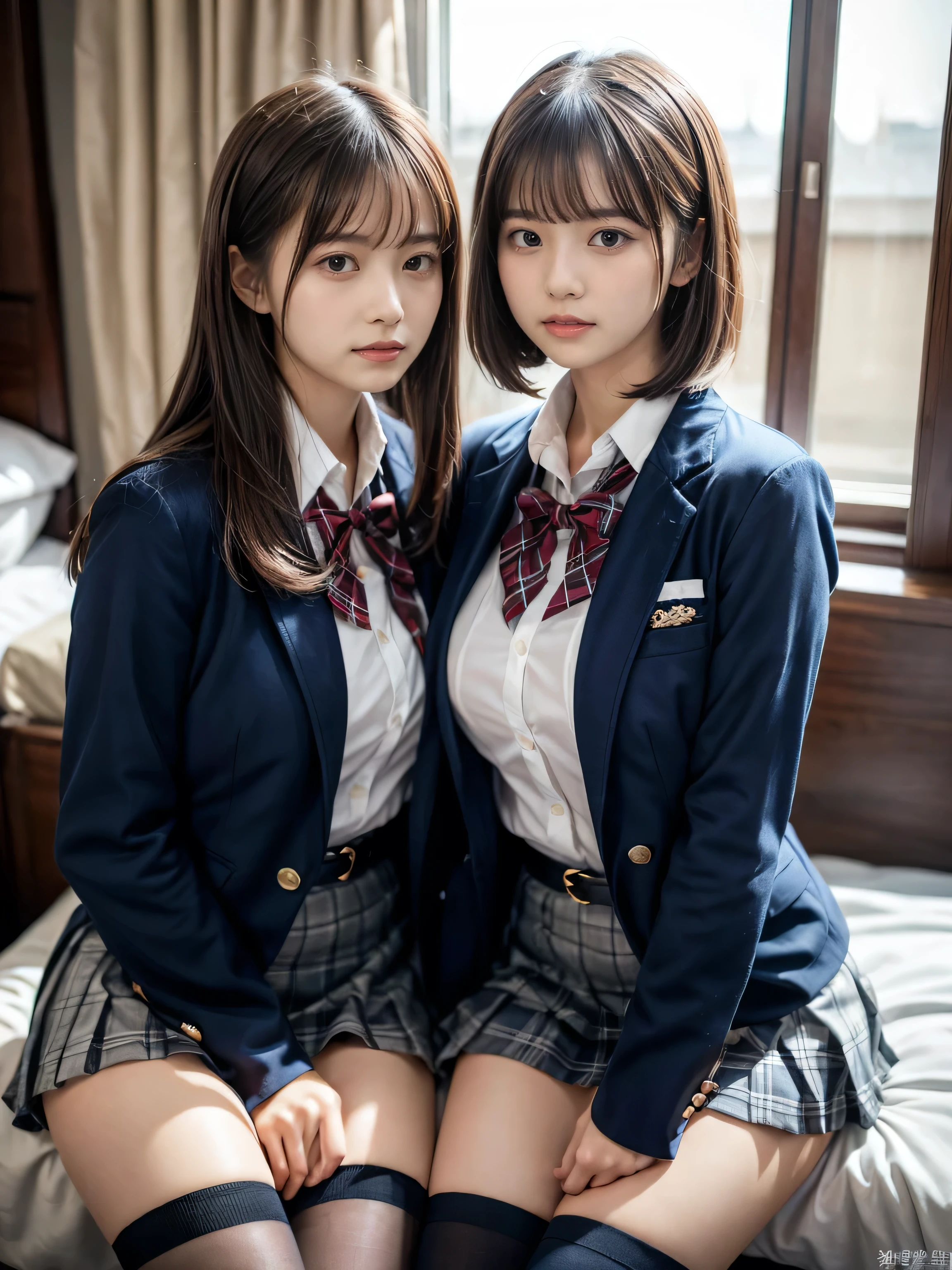 (8K, Raw photography, top-quality, ​masterpiece:1.2), muster piece, best quality, illustration, Super detailed, fine details, High resolution, 8K,wall paper, perfect dynamic composition,(Details High quality, realistic depiction of eyes:1.3), ((2 girls, 2 schoolgirls)), The background is a luxury hotel room、High school girl uniform、blazer 、Super Short Check Uniform Skirt、Navy blue high socks、garterbelts、Colossal tits、Disturbed uniform, Play with each other,Touching each other's bodies,Touching the body of the girl next door, short bob hair, black hair color, huge breasts, Big Natural Color Lip, bold sexy pose, (perfect body shape), crying a little、cold gaze, Beautiful makeup,glitter makeup,Cutest 18 years old、 beautiful legs, hposing Gravure Idol, Voluptuous thighs