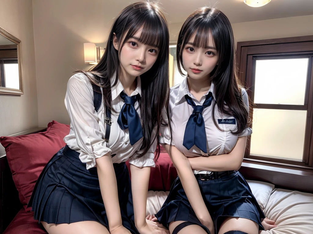 (8K, Raw photography, top-quality, masterpiece:1.2), master piece, best quality, illustration, Super detailed, fine details, High resolution, 8K,wall paper, perfect dynamic composition,(Details High quality, realistic depiction of eyes:1.3), ((2 girls, 2 schoolgirls)), The background is a luxury hotel room、High school girl uniform、blazer 、Super Short Check Uniform Skirt、Navy blue high socks、garterbelts、Colossal tits、Disturbed uniform, Play with each other,Touching each other's bodies,Touching the body of the girl next door, short bob hair, black hair color, huge breasts, Big Natural Color Lip, bold sexy pose, (perfect body shape), crying a little、cold gaze, Beautiful makeup,glitter makeup,Cutest 18 years old, beautiful legs, hposing Gravure Idol, Voluptuous thighs
