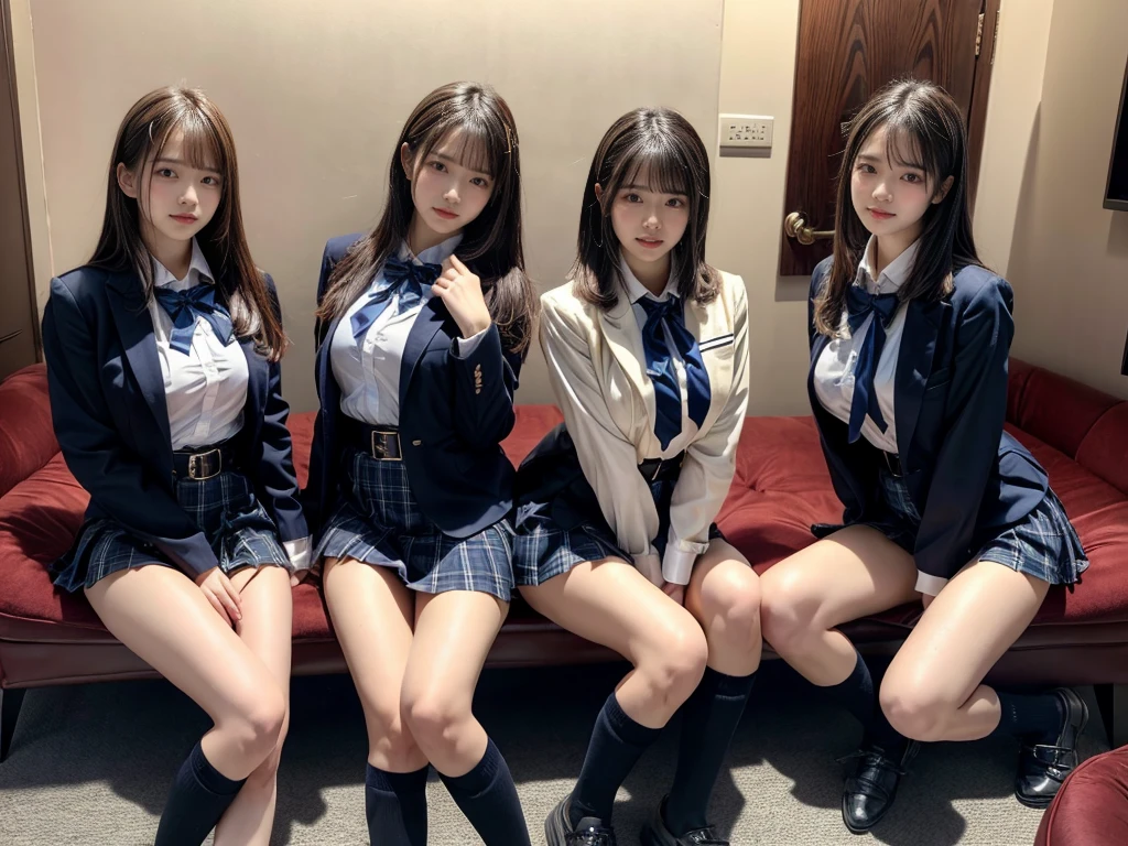 (8K, Raw photography, top-quality, masterpiece:1.2), master piece, best quality, illustration, Super detailed, fine details, High resolution, 8K,wall paper, perfect dynamic composition,(Details High quality, realistic depiction of eyes:1.3), ((2 girls, 2 girls)), The background is a luxury hotel room、High school girl uniform、blazer 、Super Short Check Uniform Skirt、Navy blue high socks、garterbelts、Colossal tits、Disturbed uniform, Play with each other,Touching each other's bodies,Touching the body of the girl next door, short bob hair, black hair color, huge breasts, Big Natural Color Lip, bold sexy pose, (perfect body shape), crying a little、cold gaze, Beautiful makeup,glitter makeup,Cutest 18 years old, beautiful legs, hposing Gravure Idol, Voluptuous thighs
