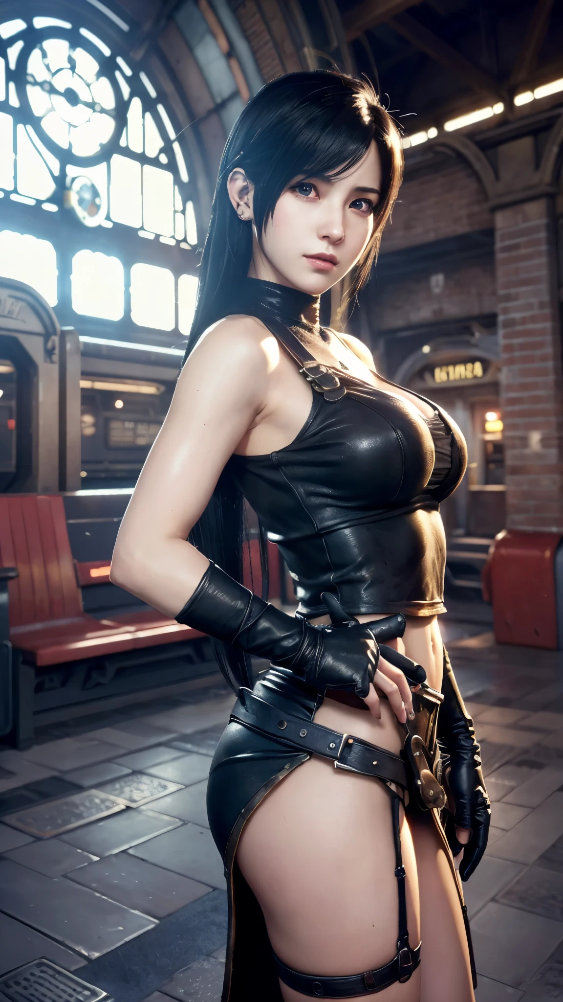Tifa Lockhart, mksks style, (Highly detailed background:1.0), (Highly detailed background:1.0), Final Fantasy VII Remake, (Red eyes), One girl, Black Hair, (Tifa Lockhart style:1.4), (Train station:1.5), (Steam punk:1.3)