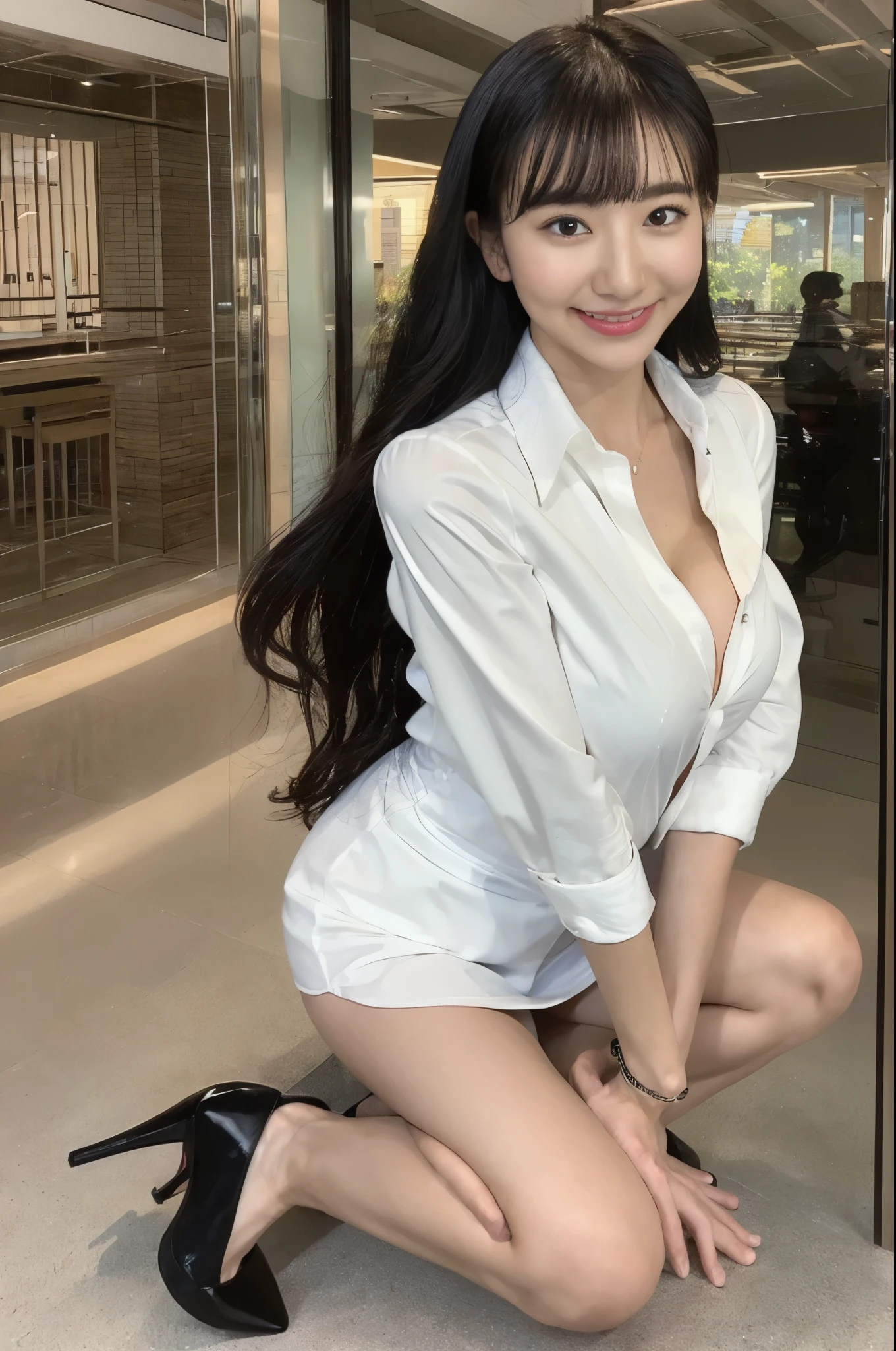 ((highest quality, 8k, masterpiece :1.3)), Sharp focus :1.2, (Japanese announcer with a perfect body), Long black hair, Big Breasts, smile, shirt, mini skirt, Highly detailed face and skin texture, （Highly detailed 8k wallpaper)、The background is blurred、The face is in focus、Sharp focus、In detail、Drama、Delicate and beautiful 、Age 25、透け感のある白いshirt、Pretty short skirt、Light Brown Hair、One Woman、Japanese、Idol、グラビアIdol、squat、Sexy thighs、Looking into the viewer、Beautiful legs、Sexy thighs、High heels、The whole body is visible、Deep cleavage、Very large breasts、Very tight dress、Big Breasts、Full body photo、High heels、Your face is red、Biting your lip、squint slightly、Aerial view、Eyebrows are lowered、Drooping eyebrows、Office Clothes、City of night、Long Shot、Pervert woman, (Office Uniforms, ofiice suits, White blouse, タイトmini skirt, ),