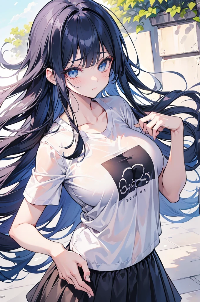 1 girl, hinata hyuga, hinata uzumaki, hinata(anime: naruto), hyuga hinata, female/girl/woman, feminine features, perfect hands, perfect arms, feminine body, great curves, large breast, large chest, cute, hot, dark blue hair, beautiful dark blue hair, long dark blue hair, long hair, perfect white eyes, white eyes, eyes white, white detailed eyes, beautiful eyes, beautiful white eyes, highly detailed eyes, detailed eyes, wearing(skirt, t-shirt) black skirt, t-shirt, cool outfit, fashionable clothes, ultrasharp, 4k picture, highly detailed, beautiful, highly detailed, perfect image