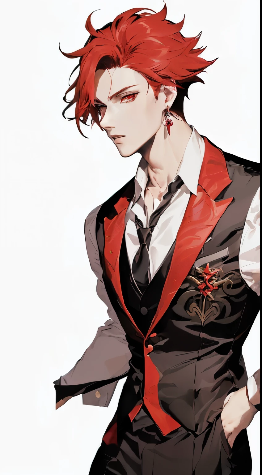 Anime style red hair man and vest image, Clear  features, Big red eyes, Delicate hermaphroditic prince, beautiful androgynous prince, The handsome guy in Demon Slayer, Cool anime poses, Well-dressed Nightmare, black and red suit, red scales on back, ((wearing noble robes)), Black and red tuxedo, Crimson clothing, Red and black suit