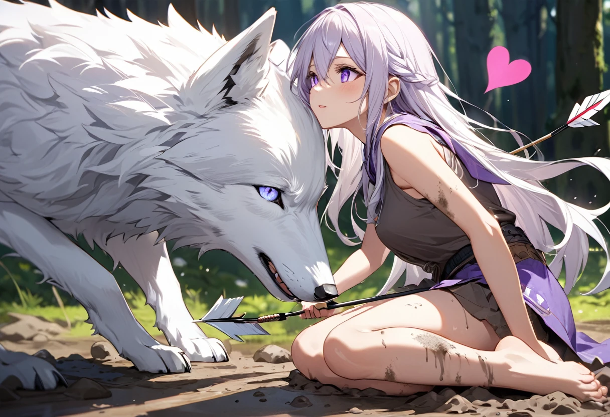 A girl and a white wolf, (Long Hair, White-purple gradation:1.3, Diamond Eyes), BREAK ((Ride the running white wolf)) , To the audience, BREAK (Arrow with a heart tip, A girl shoots an arrow), BREAK, Primitive fur clothing, barefoot, Detailed skin texture, Dirty with mud, BREAK Focus, If I let this prey slip away, I won't have a meal today., BREAK cryptic, aesthetic,