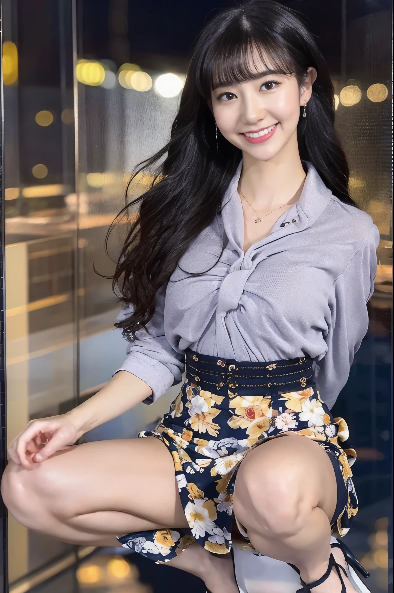 ((highest quality, 8k, masterpiece :1.3)), Sharp focus :1.2, (Japanese announcer with a perfect body), Long black hair, Big Breasts, smile, shirt, mini skirt, Highly detailed face and skin texture, （Highly detailed 8k wallpaper)、The background is blurred、The face is in focus、Sharp focus、In detail、Drama、Delicate and beautiful 、Age 25、透け感のある白いshirt、Pretty short skirt、Light Brown Hair、One Woman、Japanese、Idol、グラビアIdol、squat、Sexy thighs、Looking into the viewer、Beautiful legs、Sexy thighs、High heels、The whole body is visible、Deep cleavage、Very large breasts、Very tight dress、Big Breasts、Full body photo、High heels、Your face is red、Biting your lip、squint slightly、Aerial view、Eyebrows are lowered、Drooping eyebrows、Office Clothes、nightの街、Long Shot、Pervert woman, (Office Uniforms, ofiice suits, White blouse, タイトmini skirt, ),night、深night、night景、