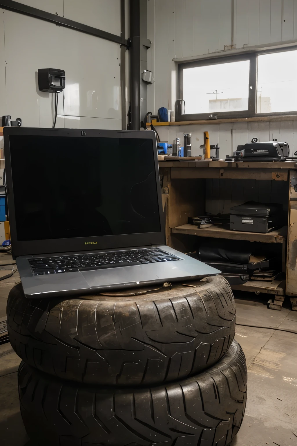 laptop sitting on top of tyre, inside professional and exclusive workshop, no humans, laptop screen visible to viewer, HD, best quality, best for advert, tools on shelves, windows on exterior