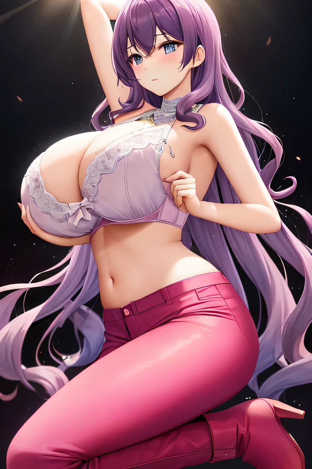 A tall, sexy, sensual girl with a big breast, long wavy purple hair, her light blue eye, wears a pink bra top, belly dancers, and her light pink pants, wearing red Arabic boots.