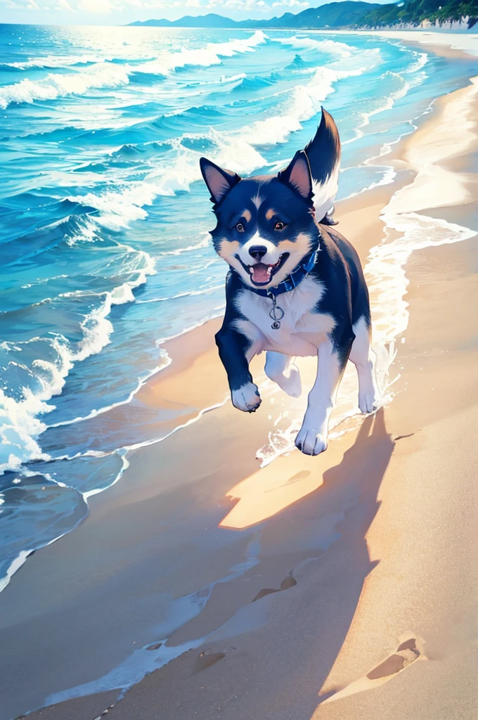 Dog running on white sand beach Transparent blue sea under the blue sky Fantastic Summer
