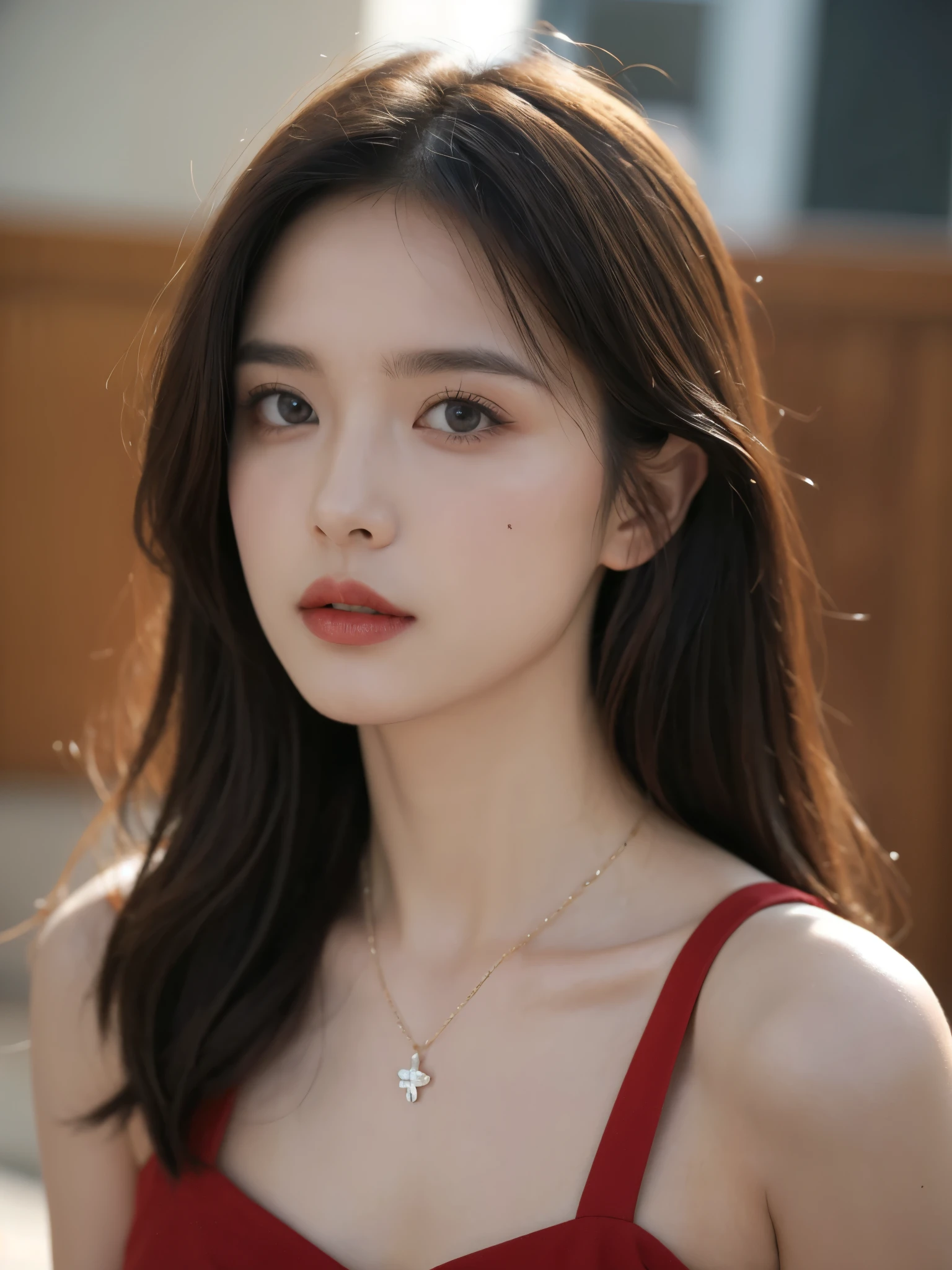 Film portrait photography, 2 girls, Bare shoulders,Lipstick,(flat chest:1.4), Wear a necklace,Cute expression,Exquisite makeup,Red suspenders,serene, calm, (Realistic and detailed eyes, Natural skin texture, Realistic facial details), Big breasts:1.6,Big Breasts,Soft dramatic lighting, Depth of Field, Bokeh, Vibrant details, Detailed and detailed, Surreal, 35mm film, hazy, ,