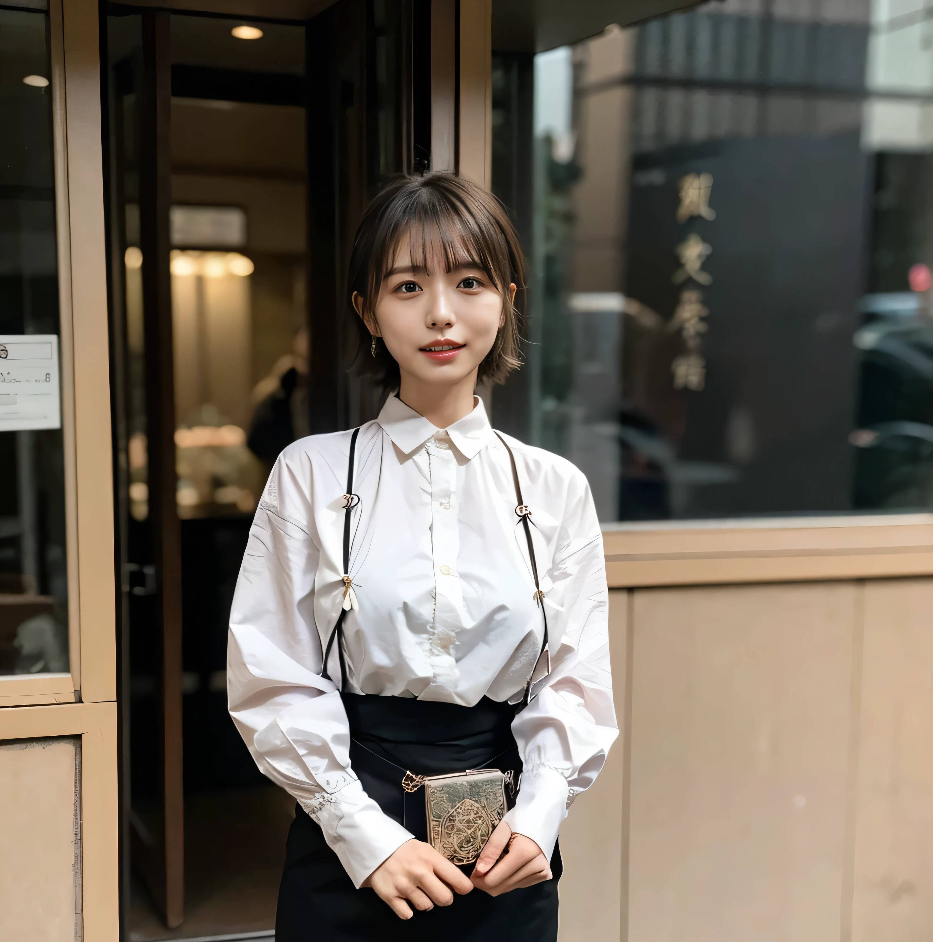 Fluffy perm hair、with rufflessleeveless、Braided hair only for the bangs、Light brown hair、teeth grinding、{{Cowgirl Shot}}、((Close-up shot from the waist up、Big Breasts:1.4))、Swollen breasts、Big Breasts、Smile、Silk clothing、Big Breasts that can be seen even through clothes、Braided hair only for the bangs、Cowboy Shot、A luxurious white collared silk shirt and brown skirt、Elegant attire、A luxurious bag、In front of a stylish cafe with illuminations、A lovely smile、((Nagoya street corner))、Full body photo、ring、Luxurious clothing、Short skirt、Tuck your hair behind one ear、Silver Necklace、smile、 elegant ponytail、Caustics、Highly detailed photos、Very beautiful eyeedium Short Hair、Large Breasts、Super no makeup、(8k、RAW Photos、highest quality、masterpiece:1.2)、(Realistic、Realistic)、1 girl、((Medium Short Hair、Looking into the camera:1.4))、Hair blowing in the wind